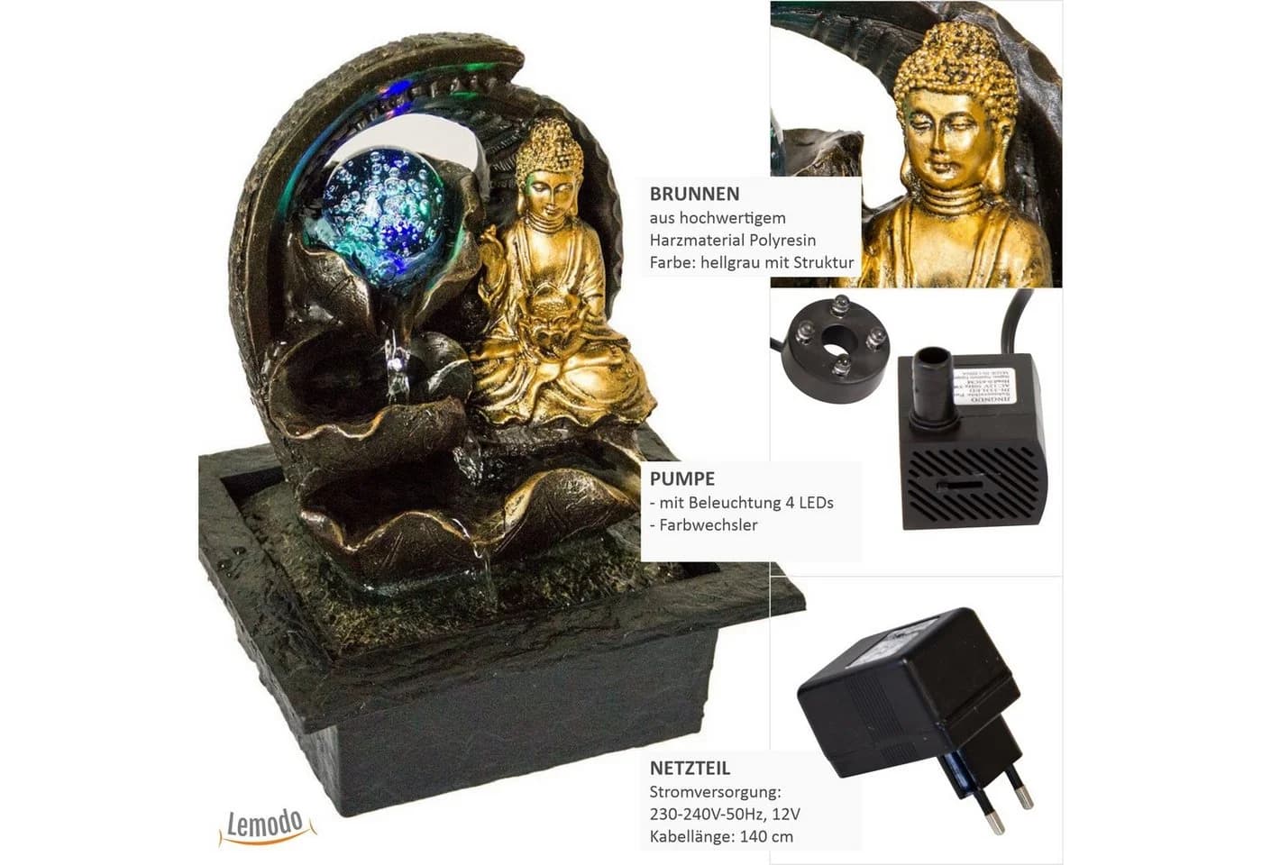 Lemodo Zimmerbrunnen Buddha mit LED-Beleuchtung Polyresin