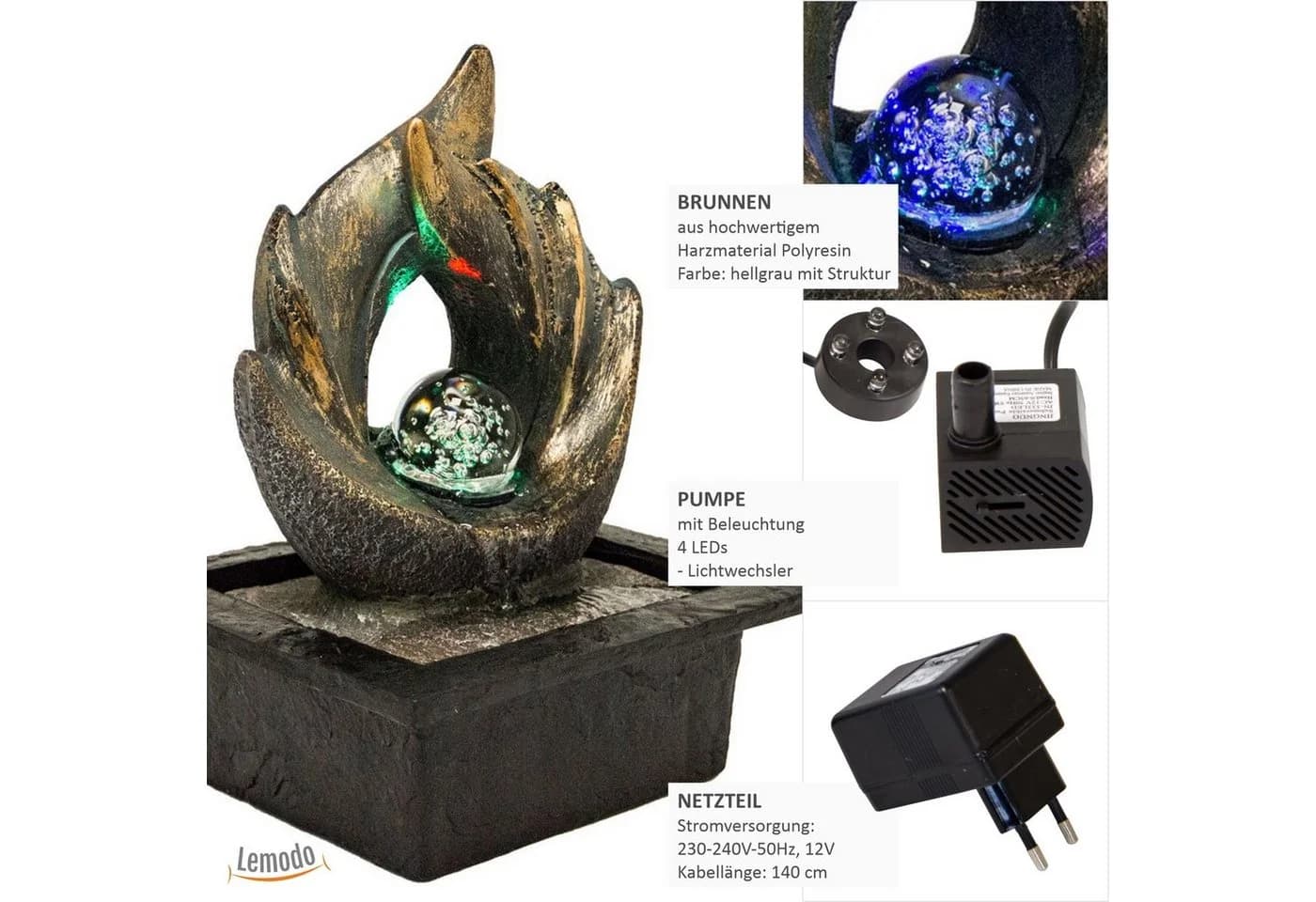 Lemodo Zimmerbrunnen mit LED-Beleuchtung und drehender Glaskugel