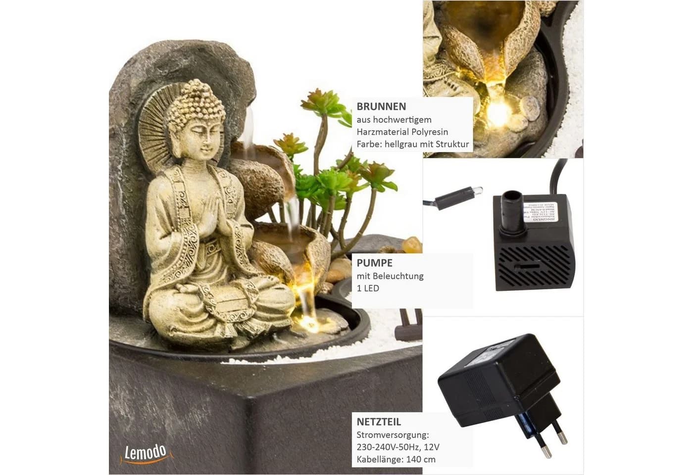 Lemodo Zimmerbrunnen mit Zen-Garten, LED-Beleuchtung & Pumpe Grau