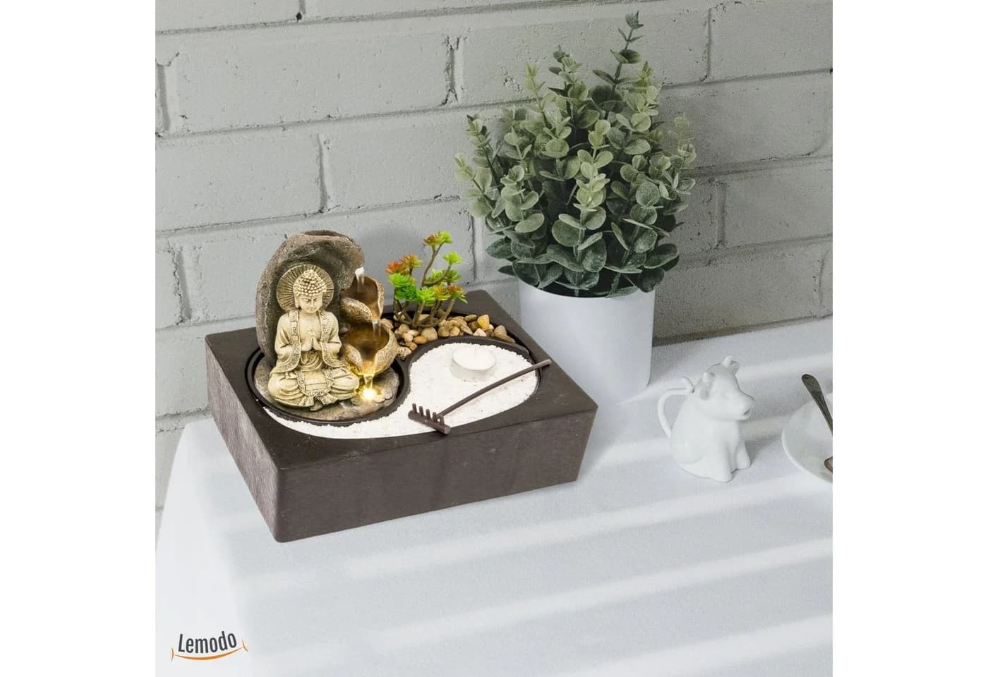 Lemodo Zimmerbrunnen mit Zen-Garten, LED-Beleuchtung & Pumpe Grau - Bild 4