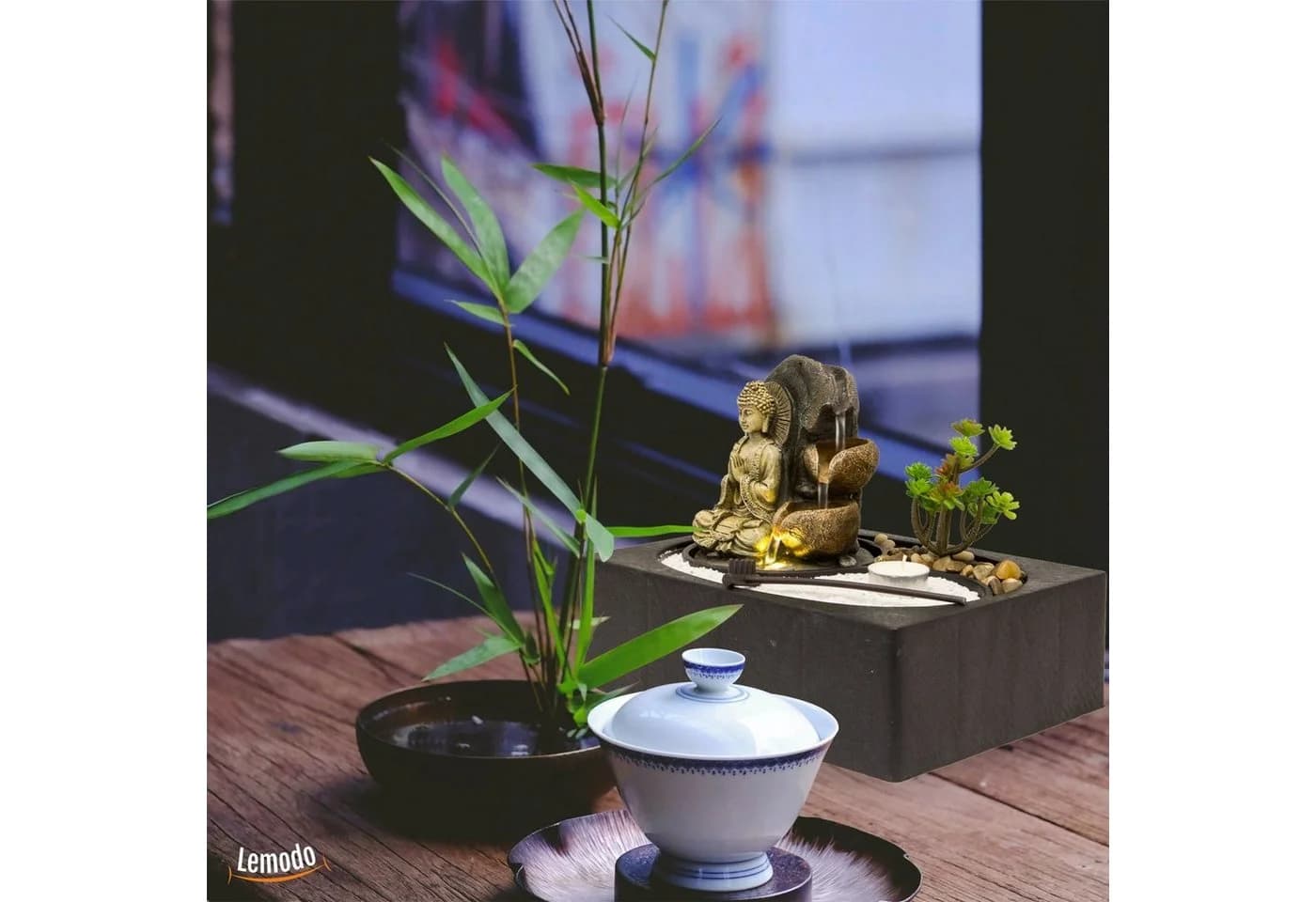 Lemodo Zimmerbrunnen mit Zen-Garten, LED-Beleuchtung & Pumpe Grau - Bild 5
