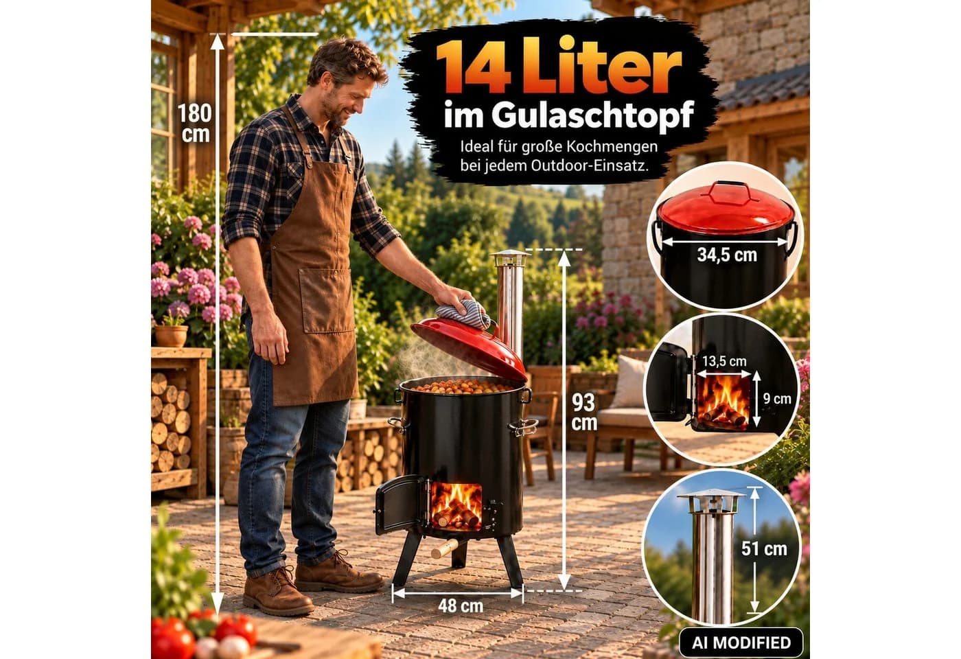 Lemodo Feuerstelle Eintopfofen mit Topf und Pfanne Schwarz/Rot - Bild 3