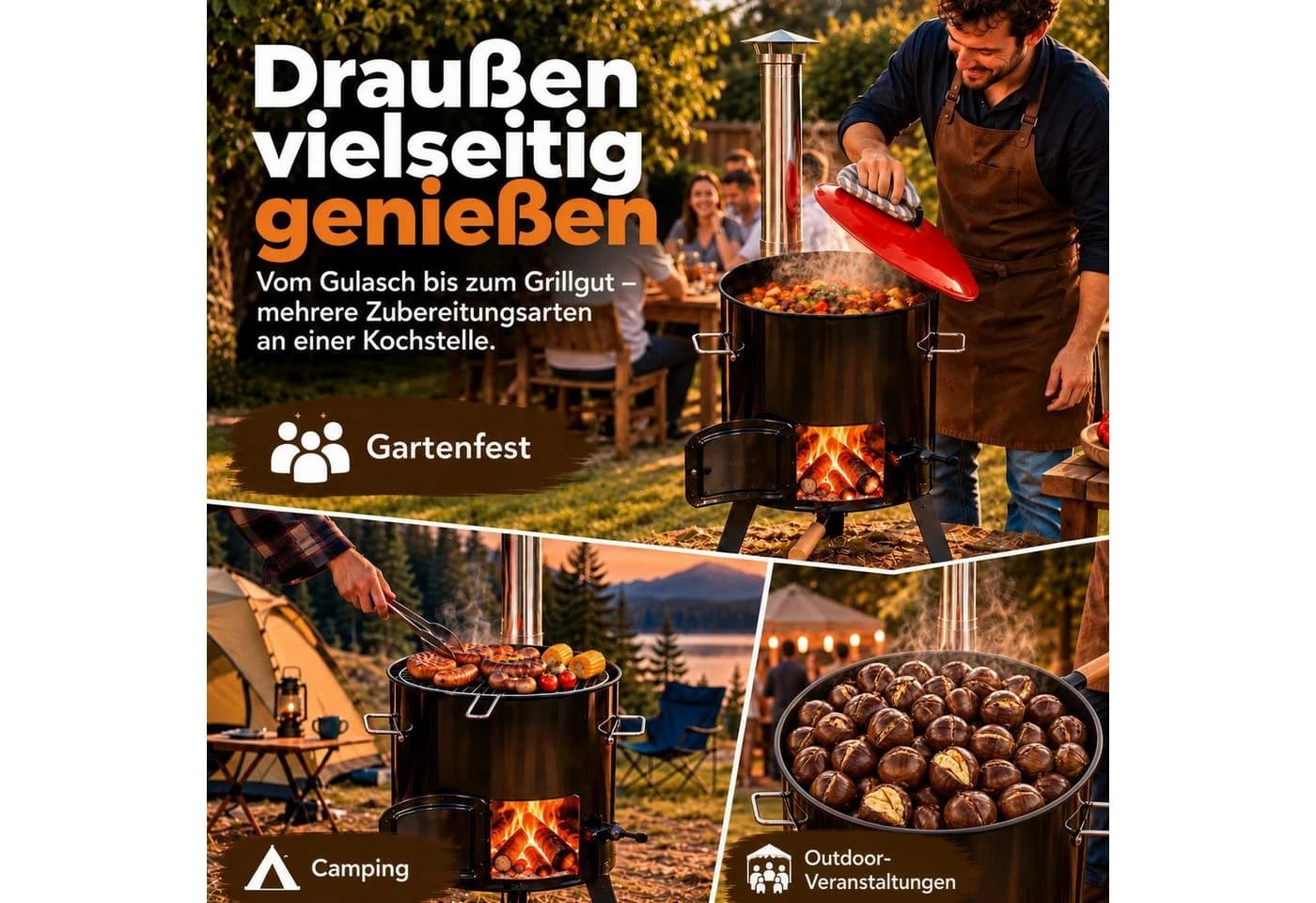 Lemodo Feuerstelle Eintopfofen mit Topf und Pfanne Schwarz/Rot - Bild 4