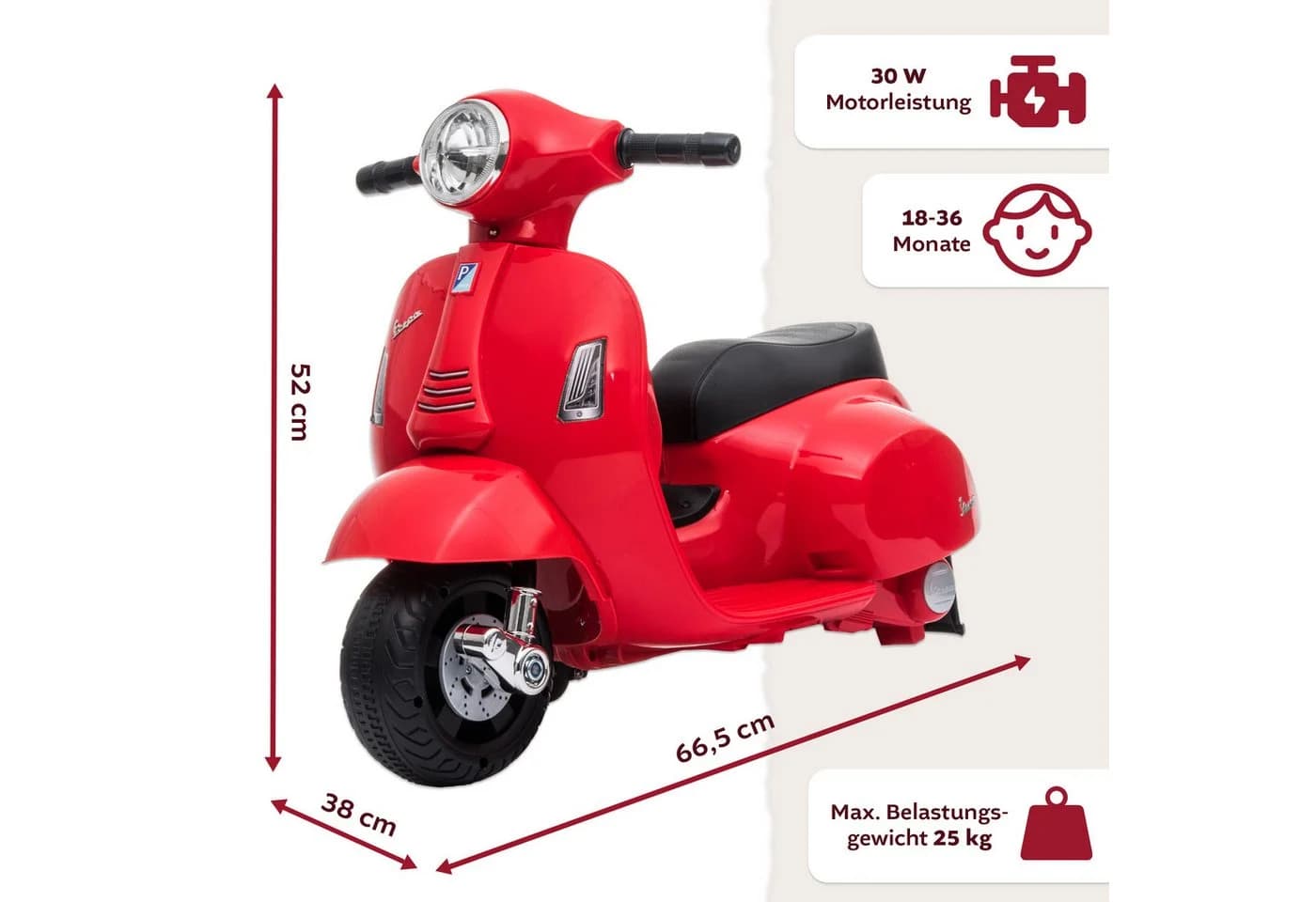 Lemodo Elektro-Kinderroller VESPA Rot mit abnehmbaren Stützrädern