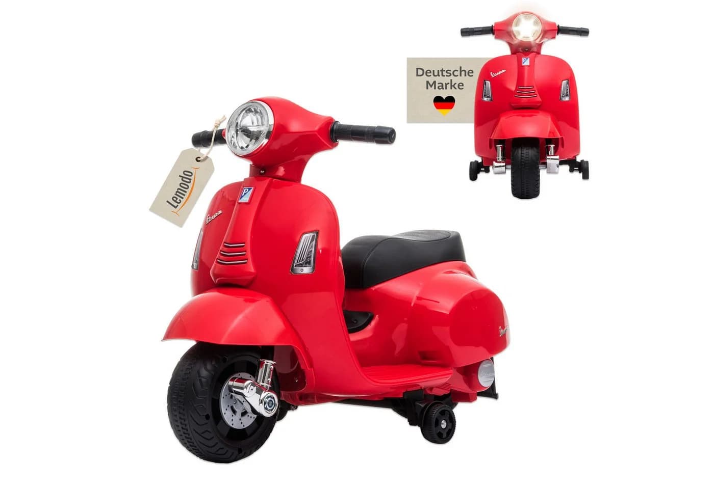 Lemodo Elektro-Kinderroller VESPA Rot mit abnehmbaren Stützrädern - Bild 2