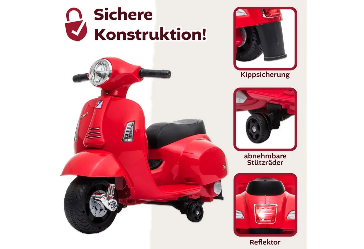 Lemodo Elektro-Kinderroller VESPA Rot mit abnehmbaren Stützrädern - Bild 3