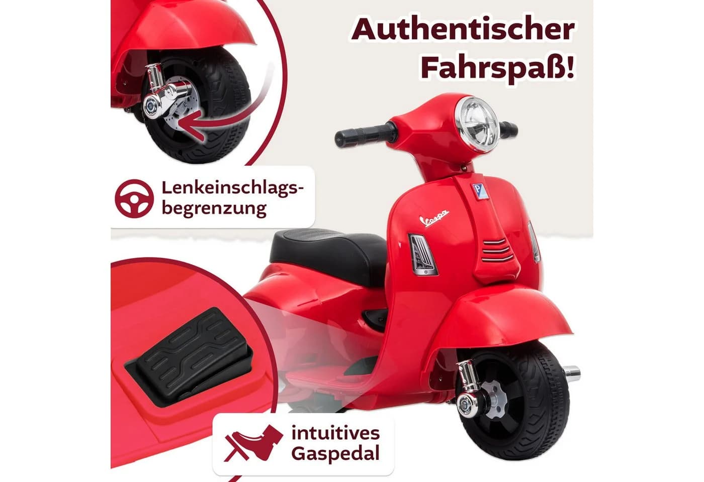 Lemodo Elektro-Kinderroller VESPA Rot mit abnehmbaren Stützrädern - Bild 4