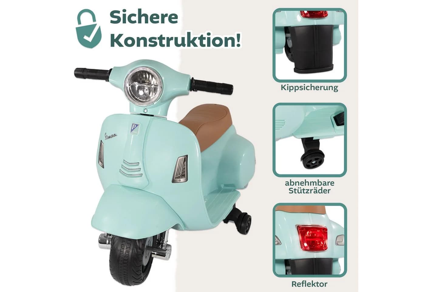 Lemodo Elektro-Kinderroller VESPA mit Stützrädern - Grün/Rot/Weiß - Bild 3