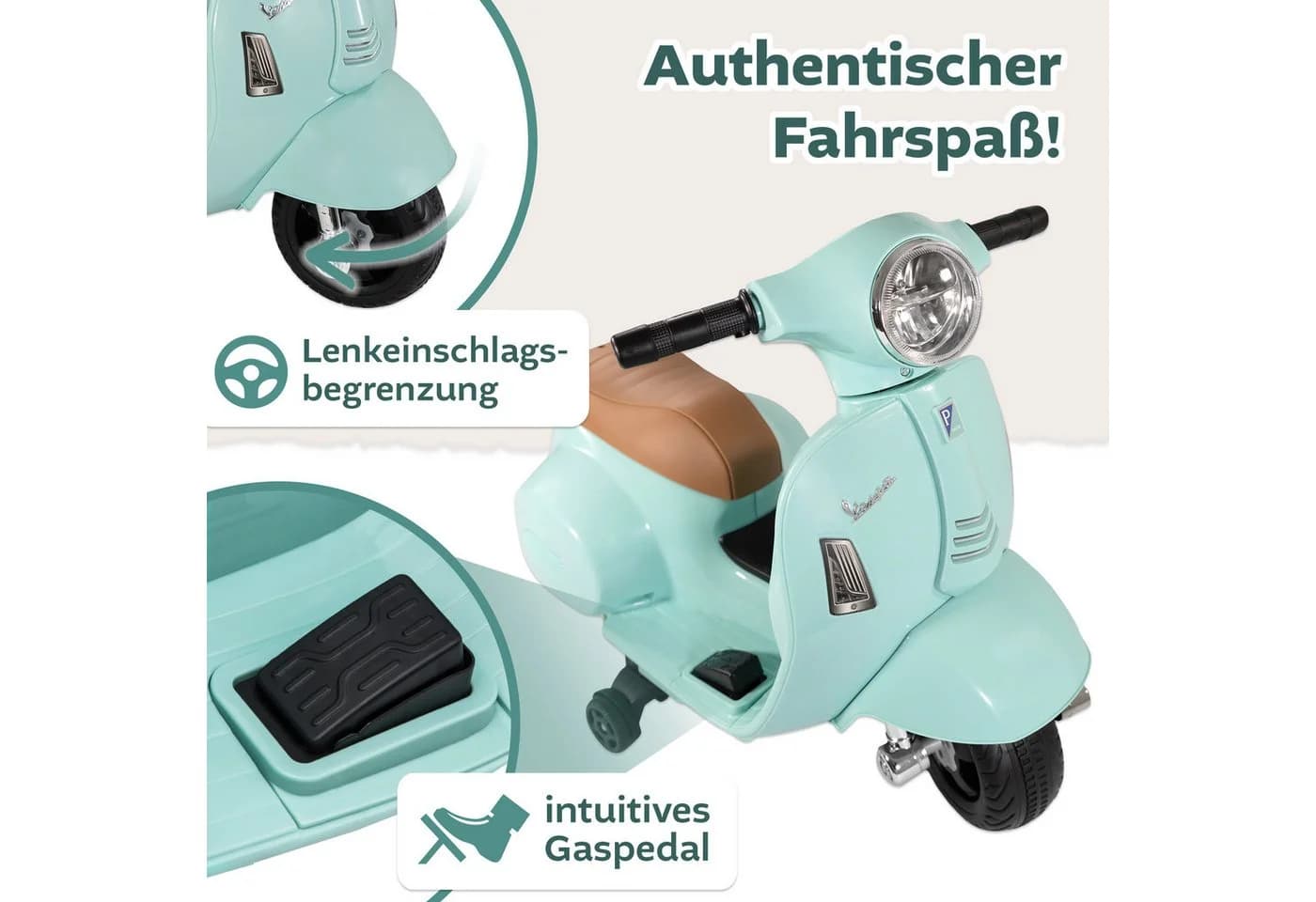 Lemodo Elektro-Kinderroller VESPA mit Stützrädern - Grün/Rot/Weiß - Bild 4