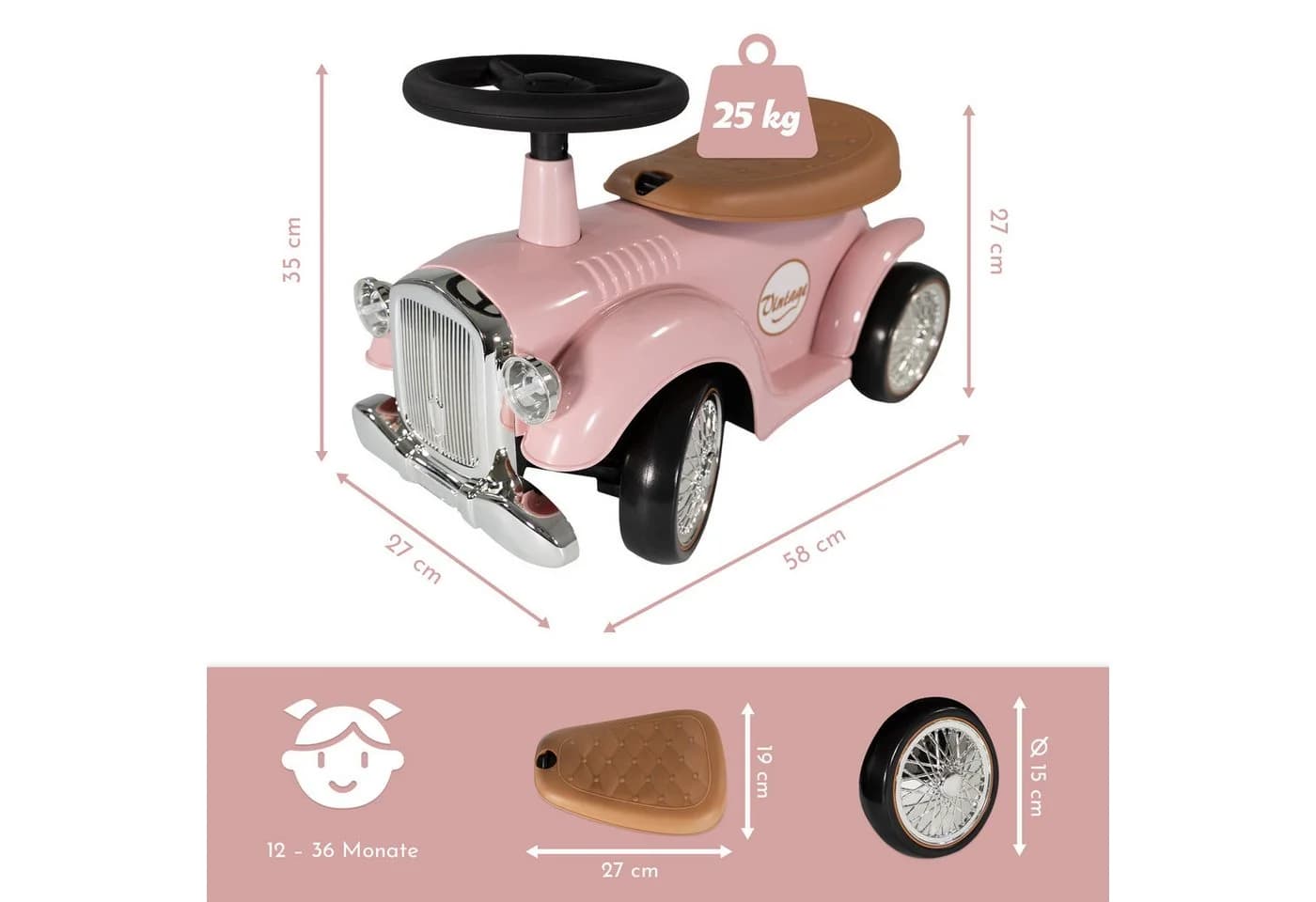 Lemodo Rutschauto Retrodesign Weiß/Rosa mit Stauraum