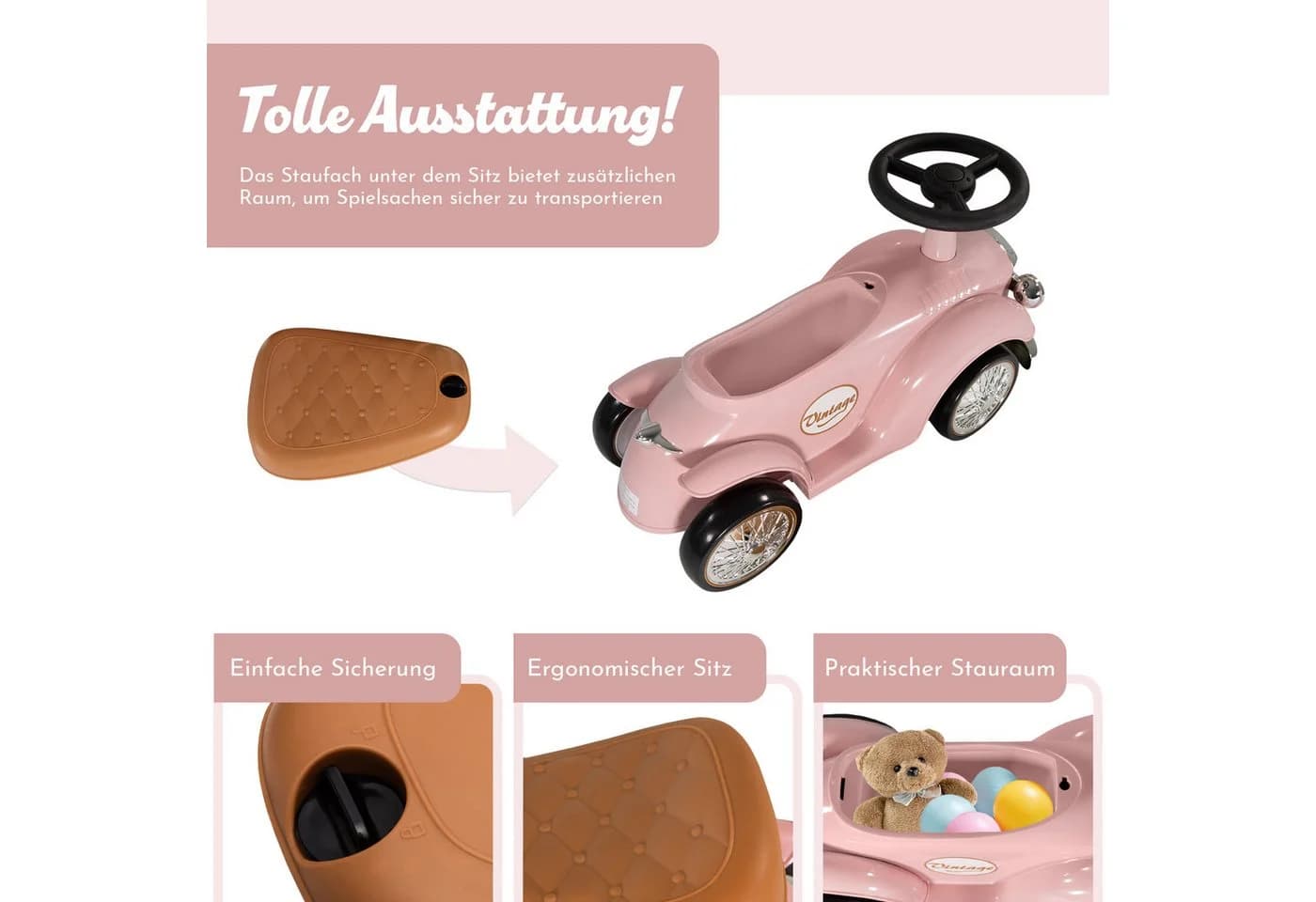 Lemodo Rutschauto Retrodesign Weiß/Rosa mit Stauraum - Bild 4