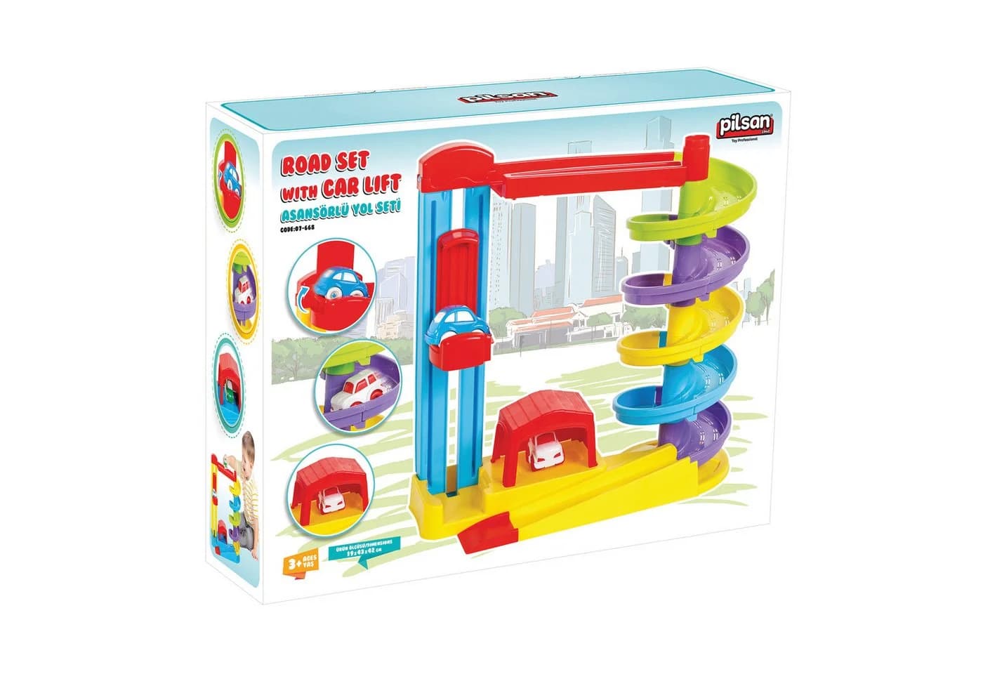 Lemodo Autorennbahn Autobahnset mit Aufzug, Garage & 2x Autos