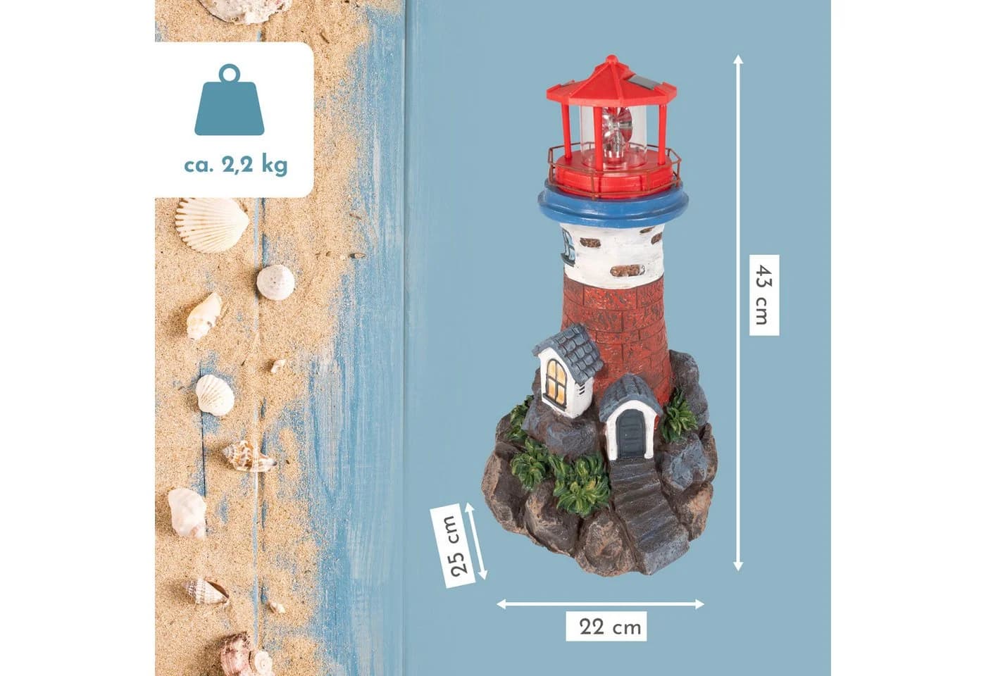 Lemodo Solar-Leuchtturm Dekofigur mit LED-Leuchtfeuer rot/weiß
