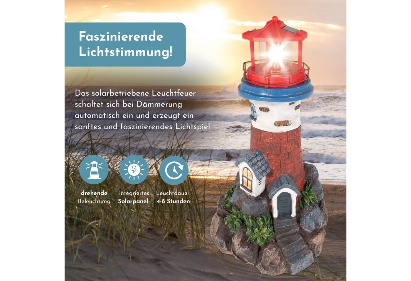 Lemodo Solar-Leuchtturm Dekofigur mit LED-Leuchtfeuer rot/weiß - Bild 3