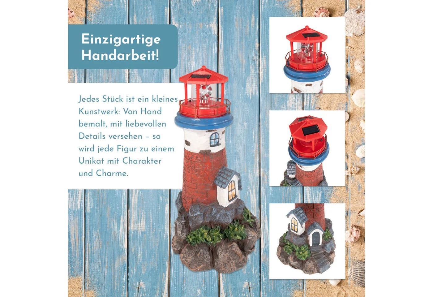 Lemodo Solar-Leuchtturm Dekofigur mit LED-Leuchtfeuer rot/weiß - Bild 4