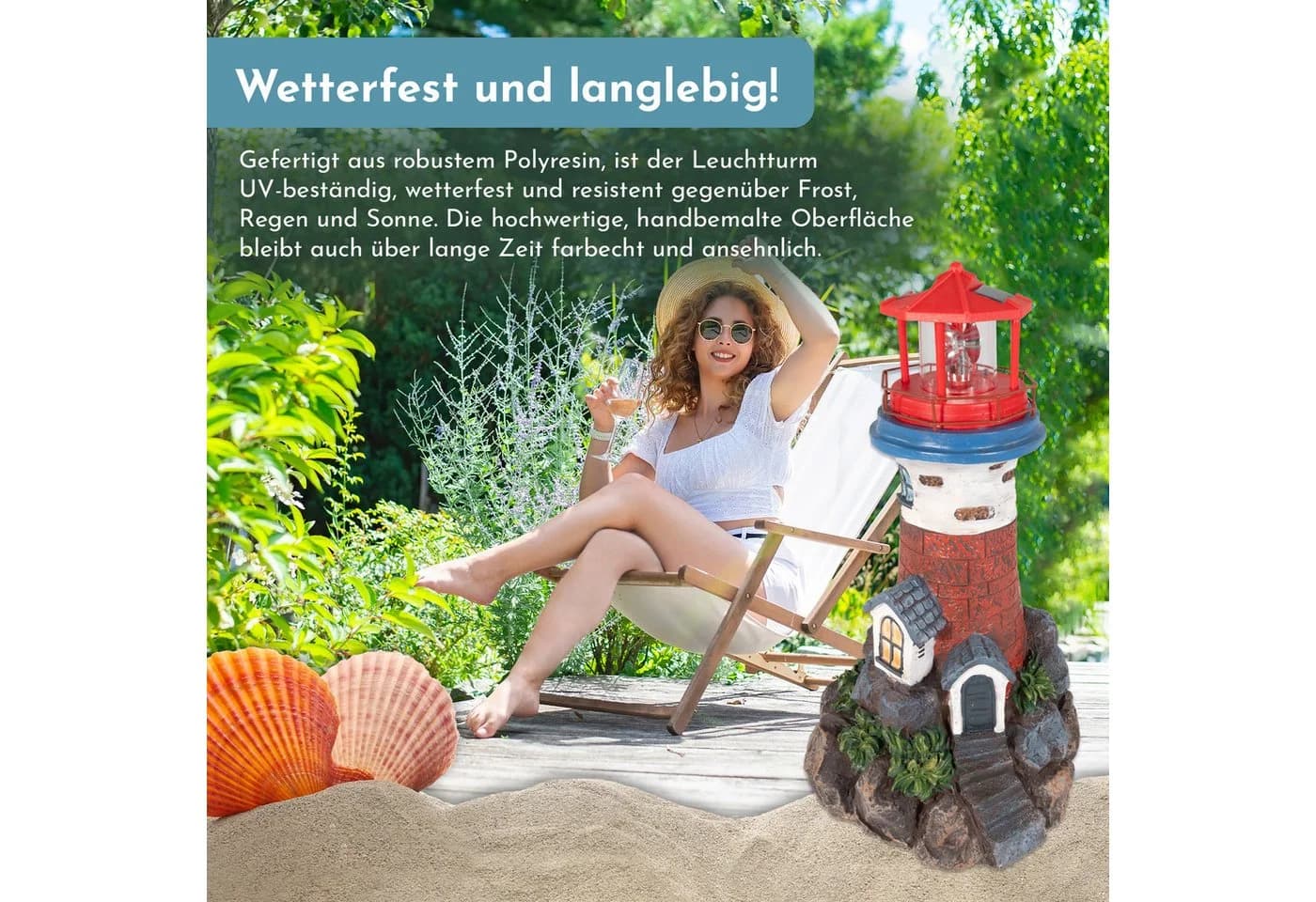 Lemodo Solar-Leuchtturm Dekofigur mit LED-Leuchtfeuer rot/weiß - Bild 5