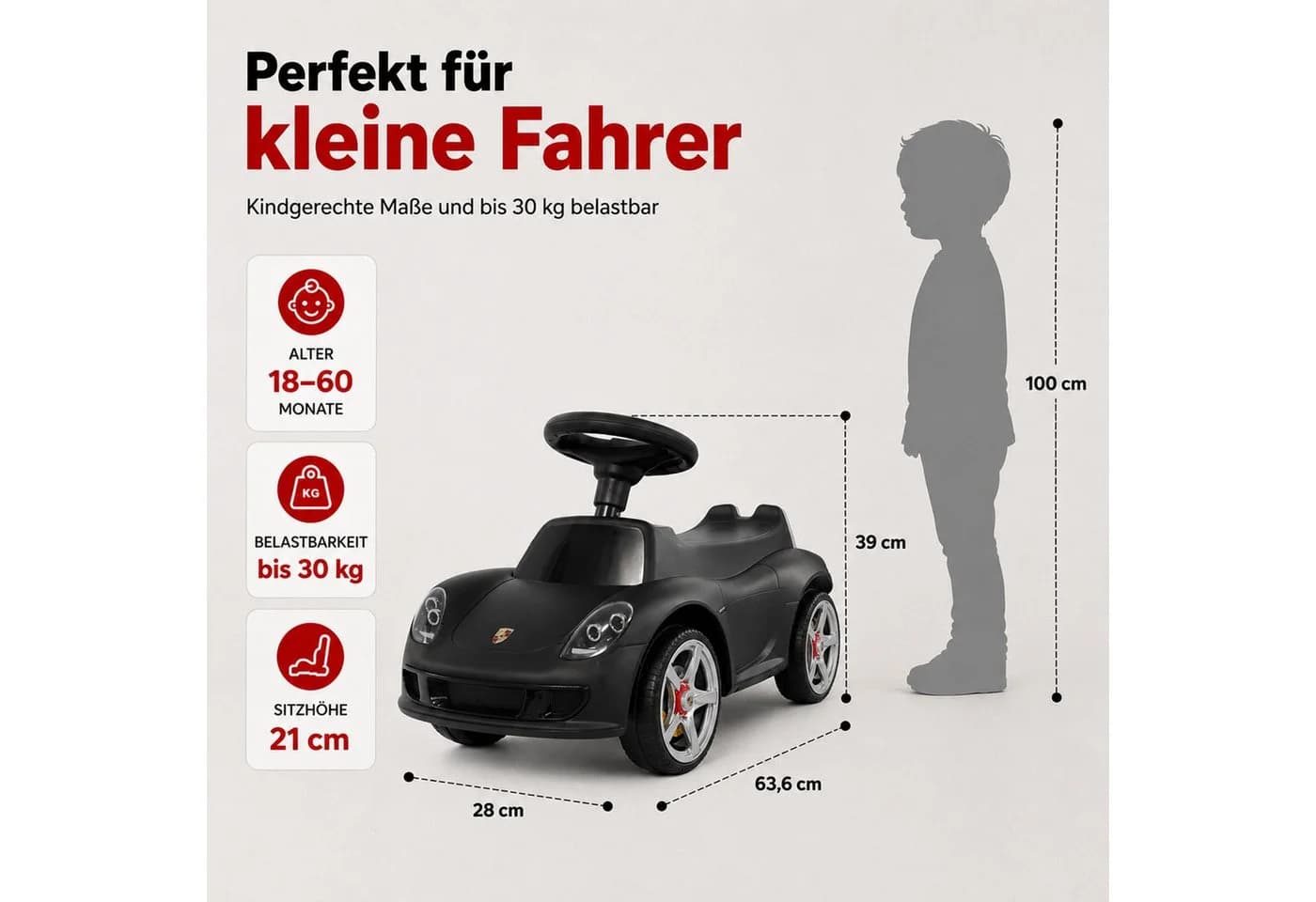 Lemodo Rutscherauto Porsche Carrera GT Schwarz mit Soundlenkrad
