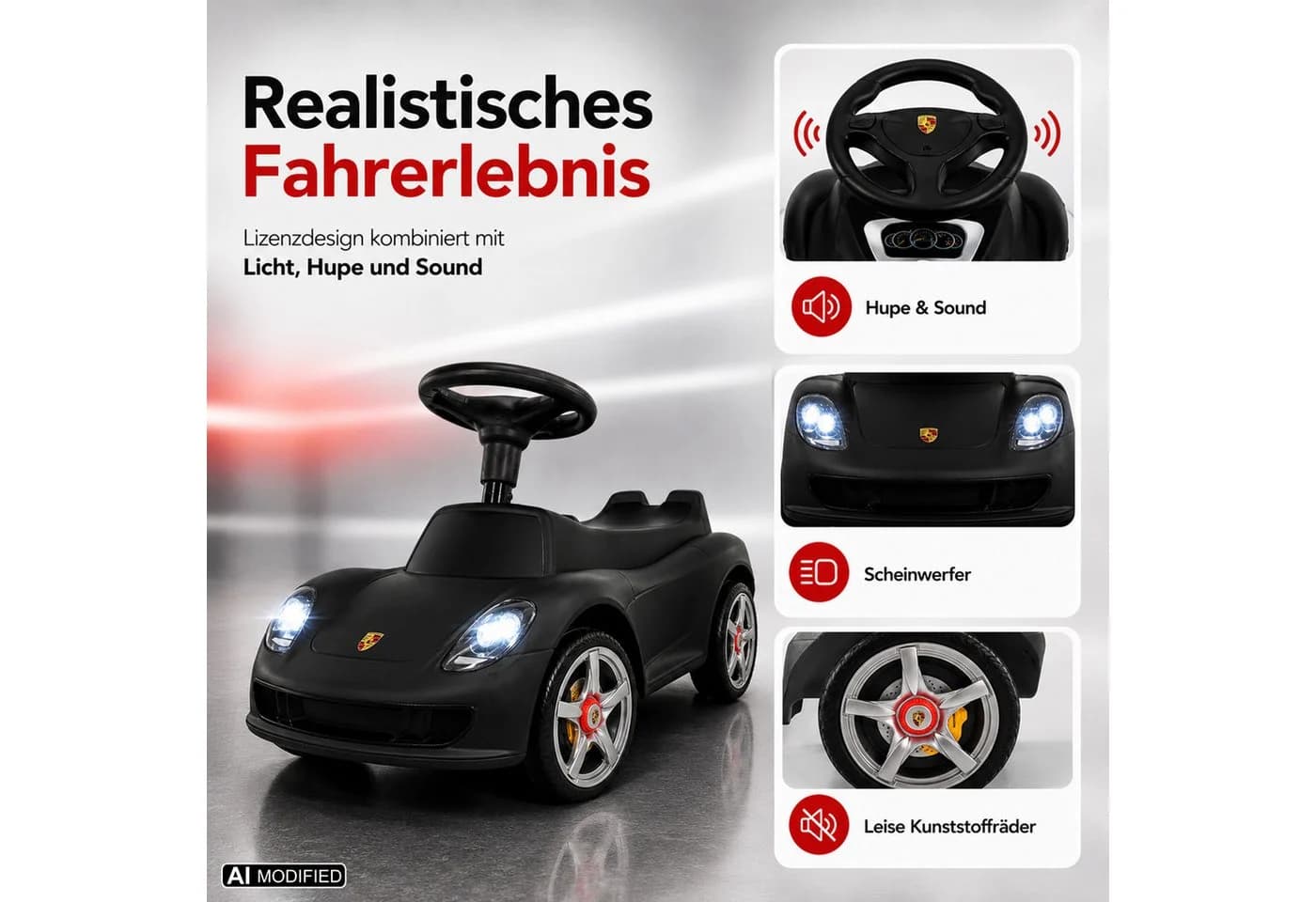 Lemodo Rutscherauto Porsche Carrera GT Schwarz mit Soundlenkrad - Bild 3