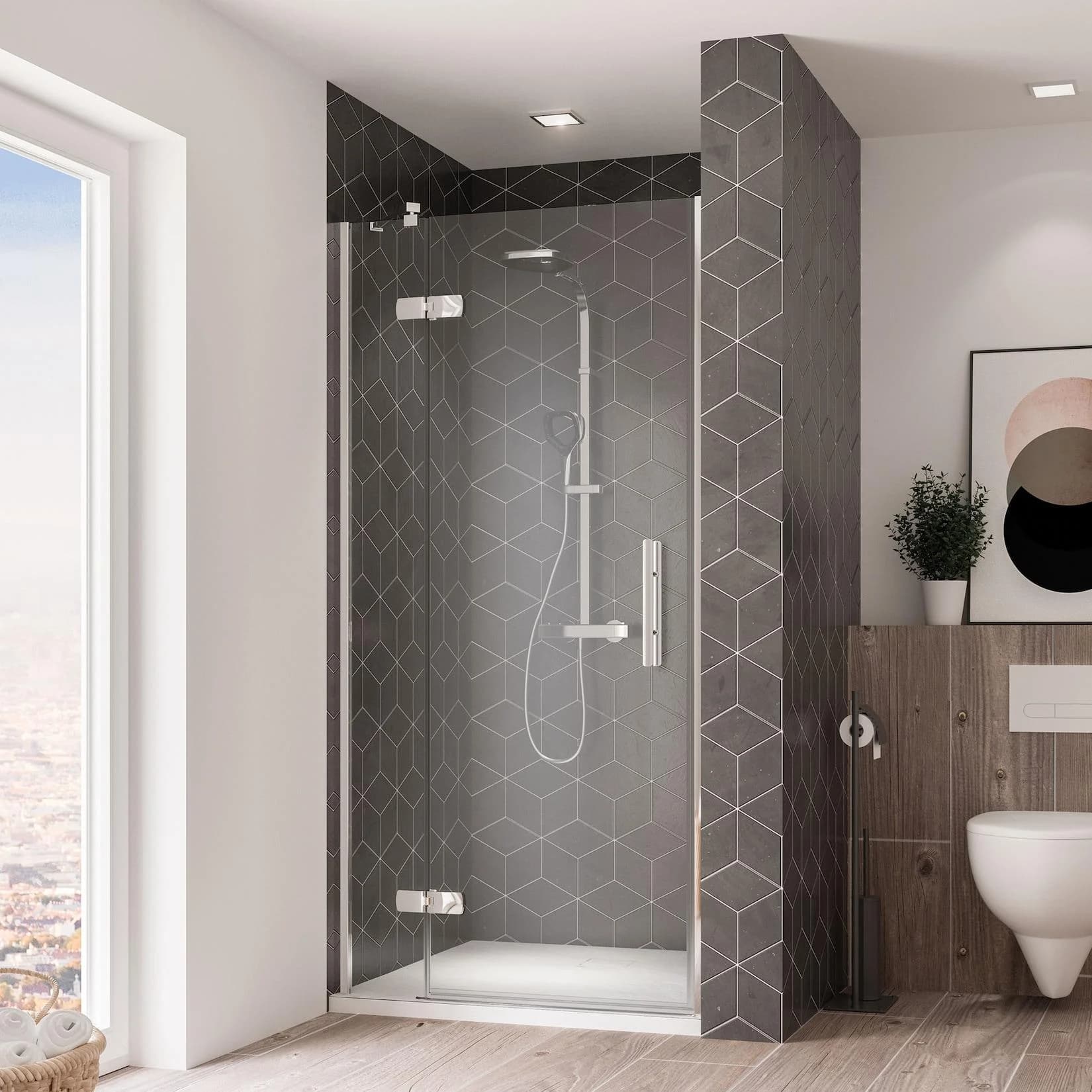 Breuer Avanta Drehtür mit Festteil für Nische 900 mm Alu-Chromeffekt Klarglas