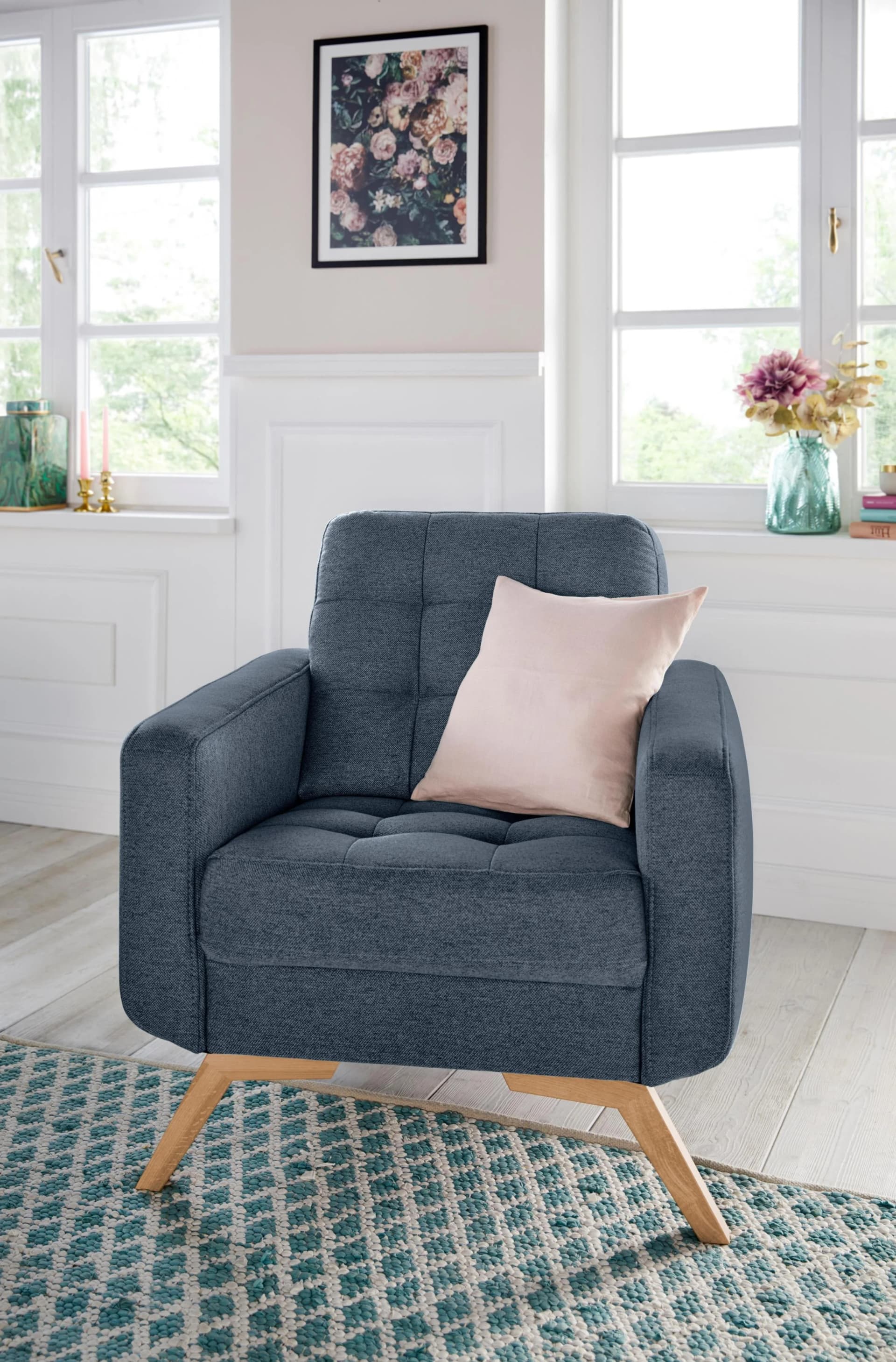 EXXPO Fiord Loungesessel Blau Webvelours Vintage Design