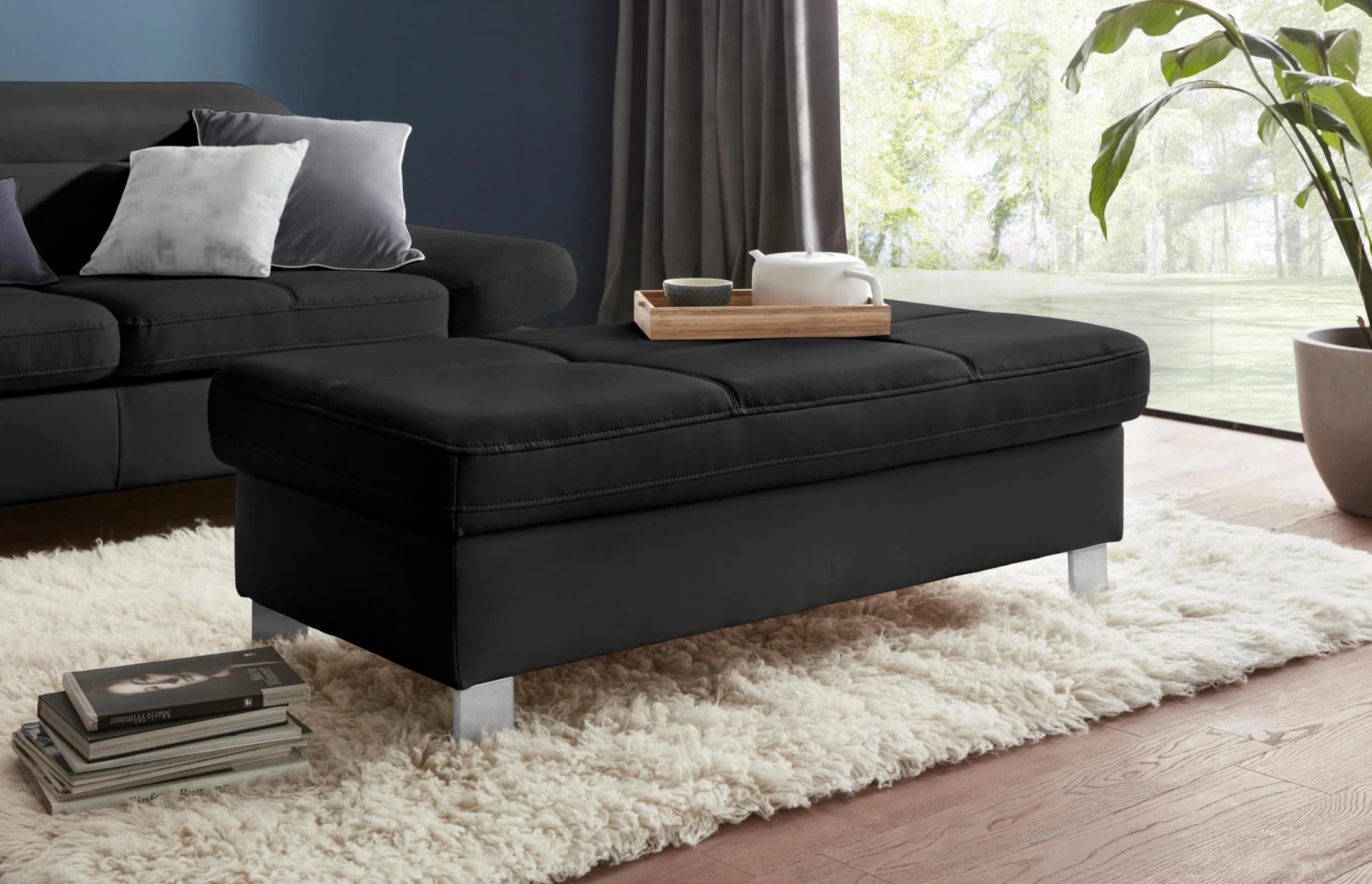 EXXPO Hocker Fiji Schwarz mit Staufach - Moderner Polsterhocker