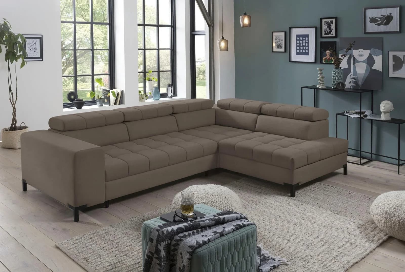 EXXPO Ecksofa Bocco L-Form Taupe Samtvelours mit Kopfteilverstellung