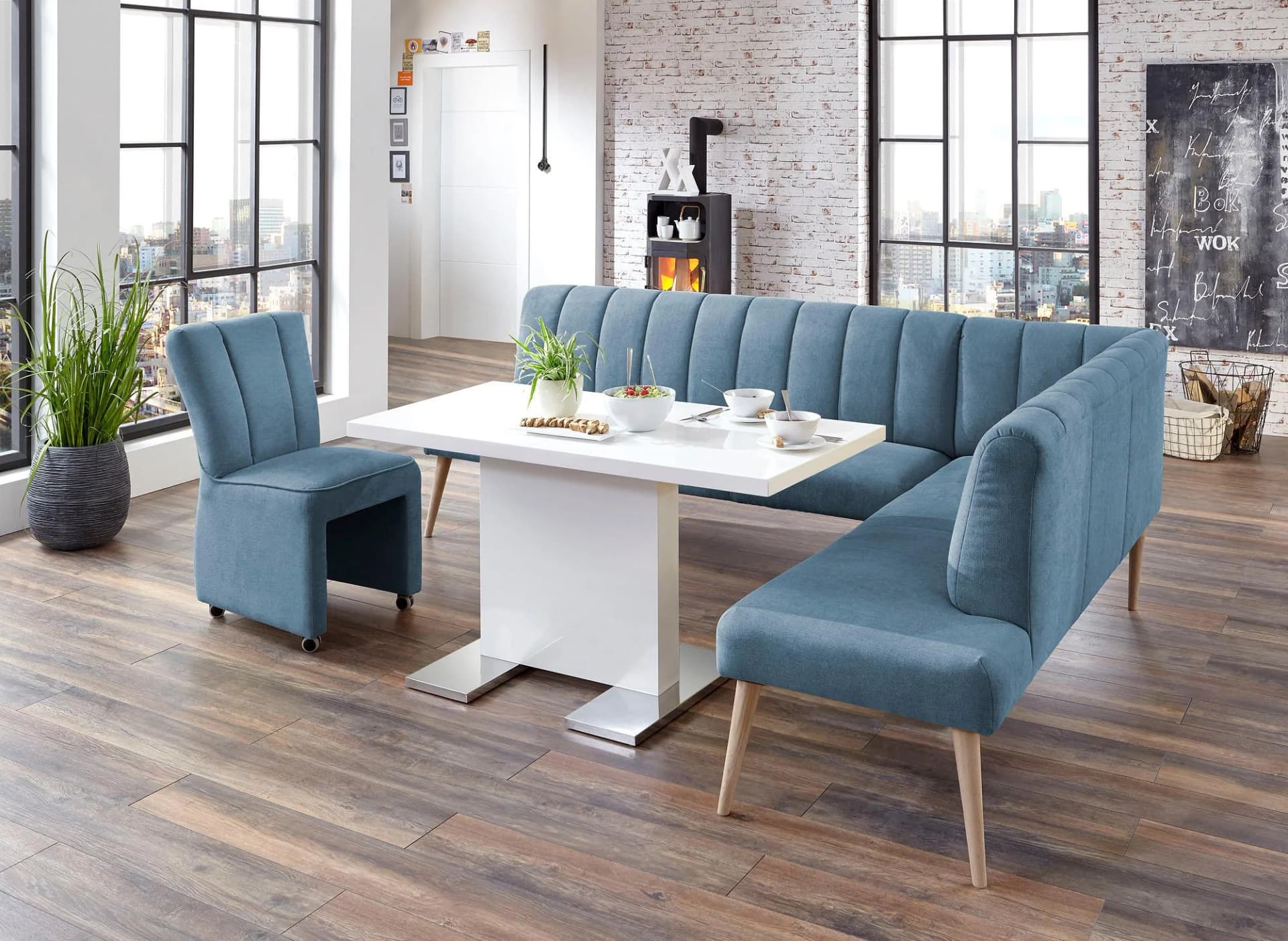 EXXPO Eckbank Costa Azur Blau Modern Webvelour