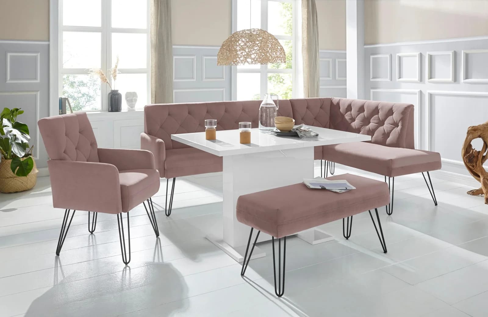 EXXPO Eckbank Doppio Chesterfield Optik Powder Pink