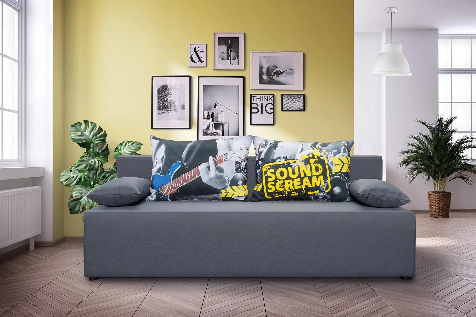 EXXPO 3-Sitzer Schlafsofa grau-gelb mit Bettkasten