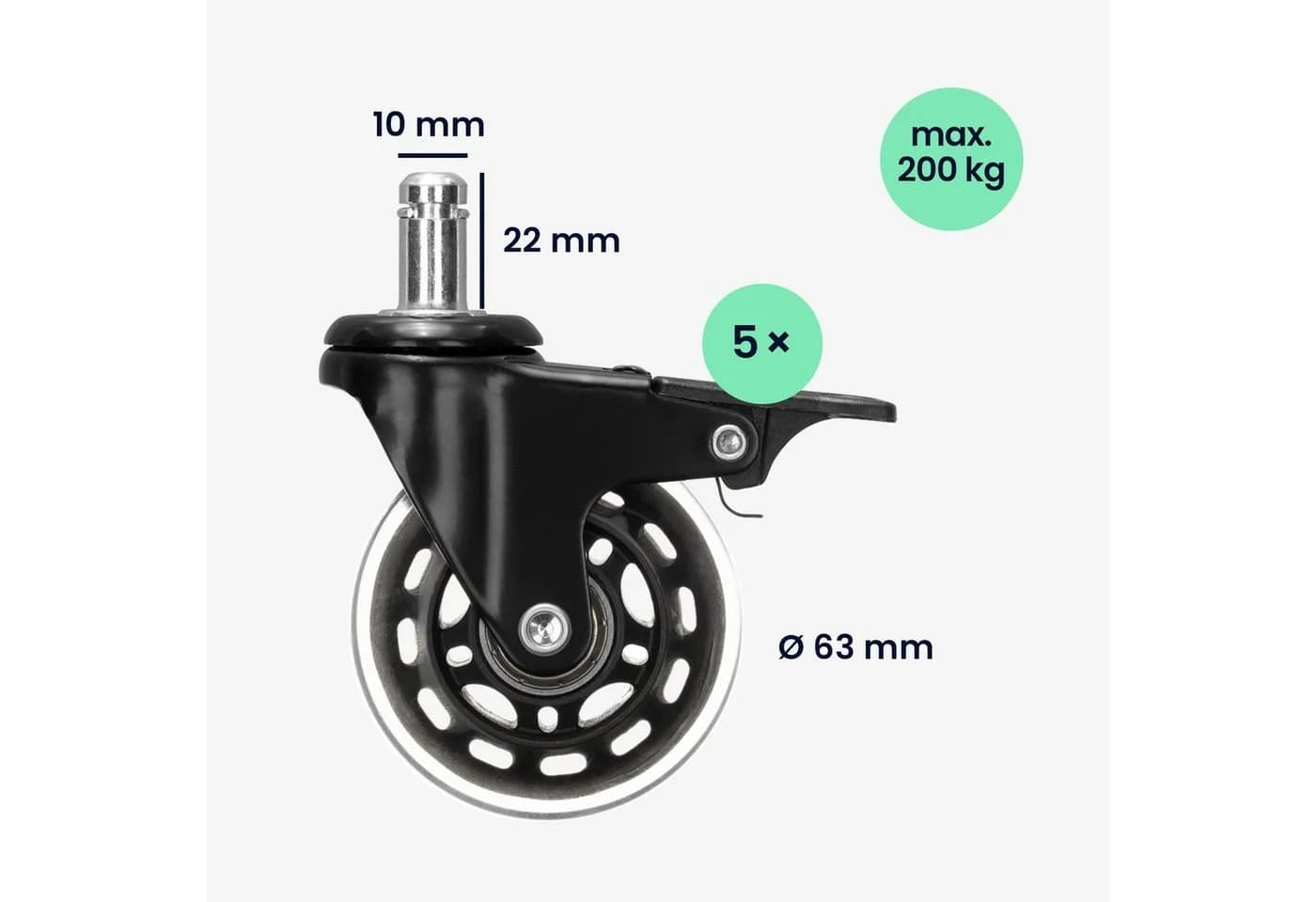 kwmobile 5er Set Stuhlrollen für Hartböden mit Bremse 10mm - Bild 4