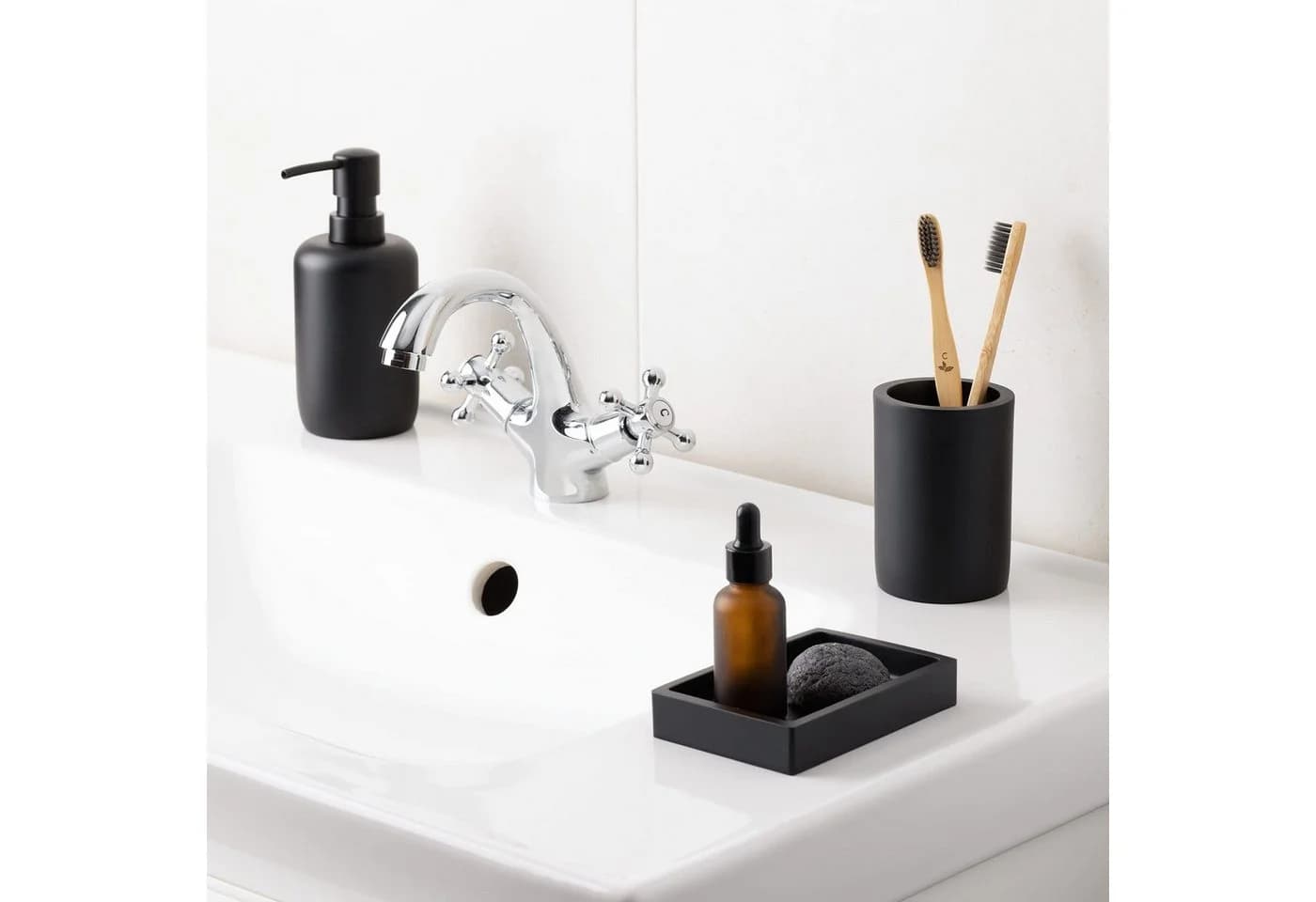Navaris Badaccessoire-Set Schwarz 3-teilig mit Seifenspender