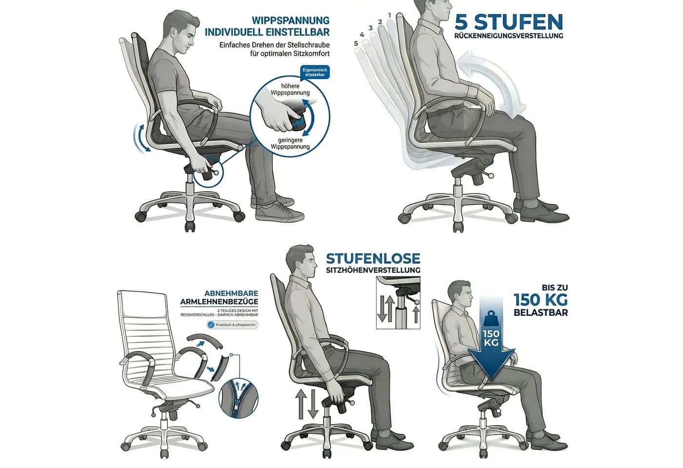 Versee Montreal Bürostuhl Leder, 150kg belastbar, ergonomisch - Bild 5