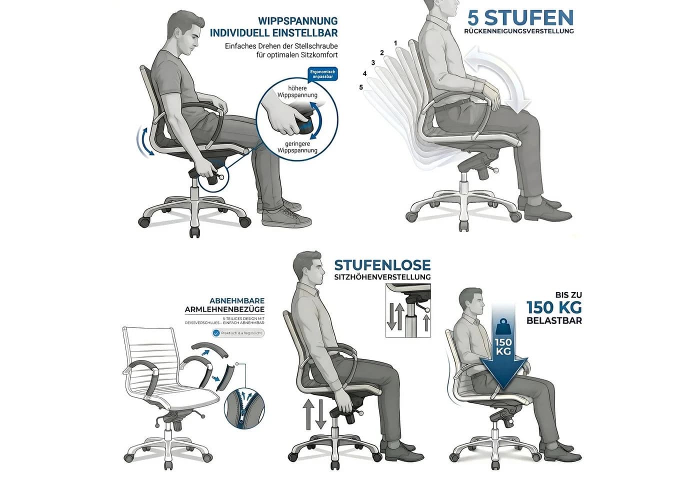 Versee Montreal Schreibtischstuhl Leder Weiß Ergonomisch mit Lendenstütze - Bild 5