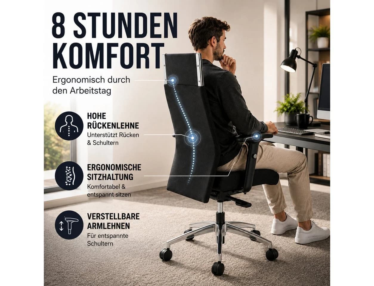Versee Chefsessel Black-Line Bürostuhl Stoff Schwarz Ergonomisch