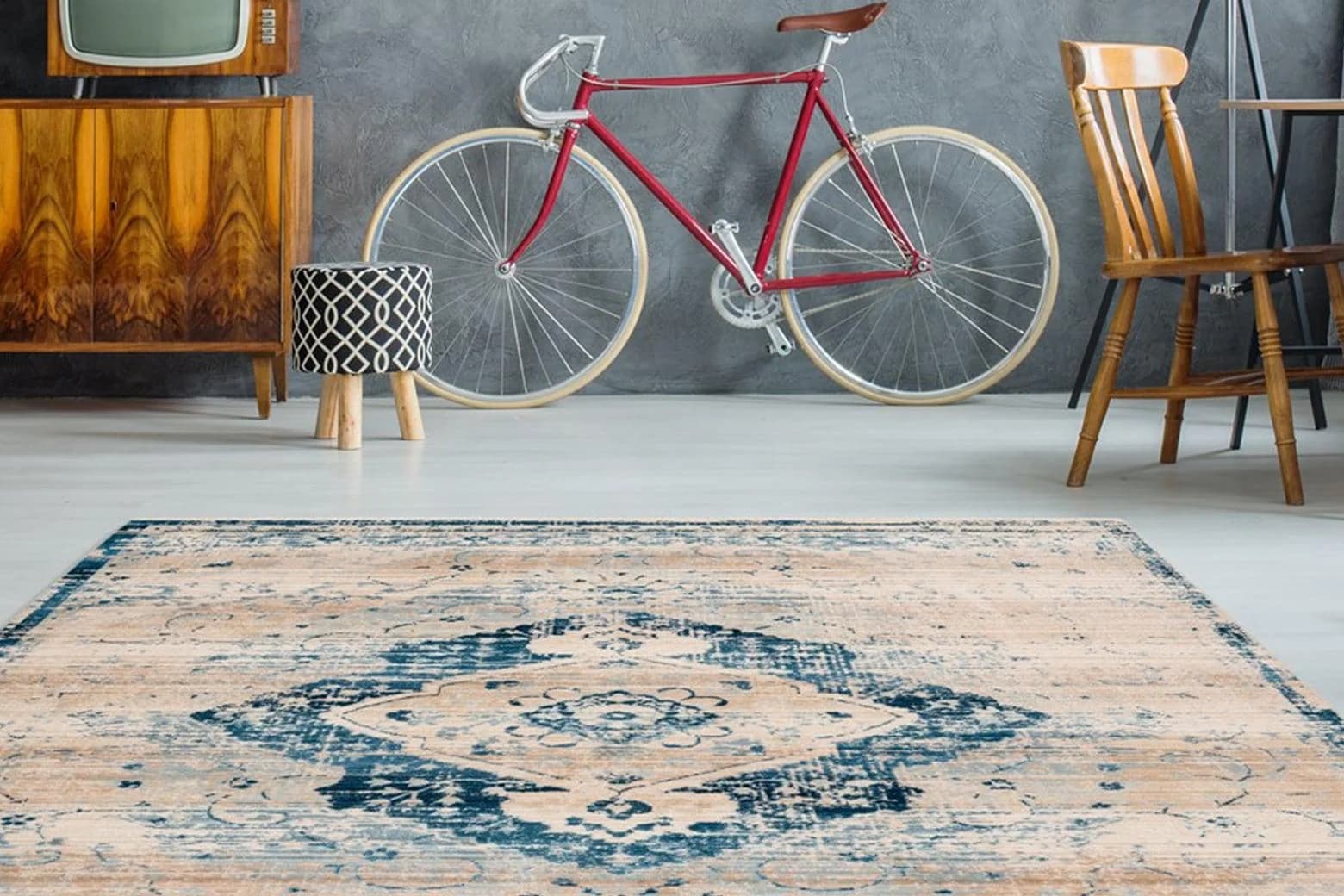 Vintage Teppich in Beige, Creme und Blau