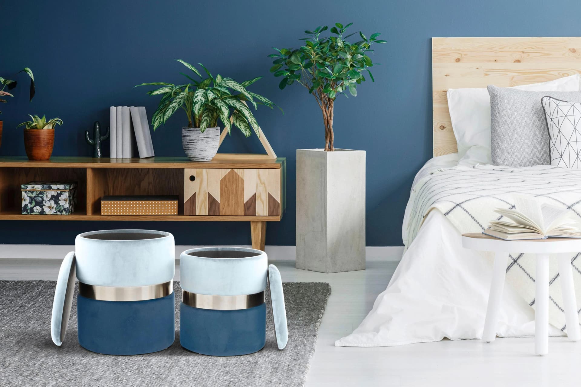 Stauraumhocker KAYOOM Hocker Zora 125 2er-Set, samtweicher Stoffbezug, rund, blau