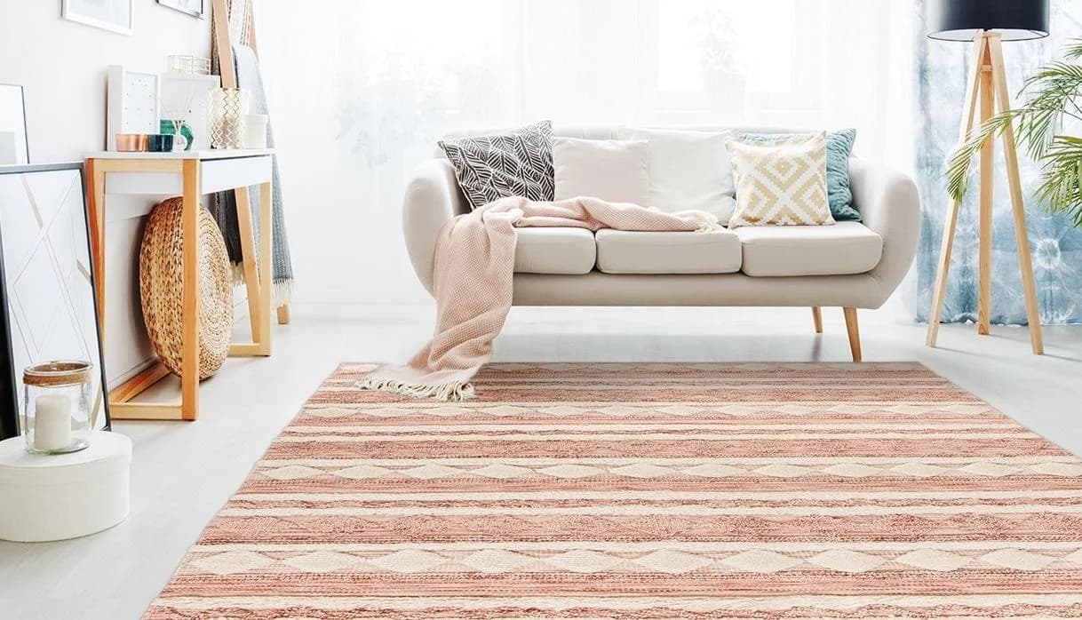 ME GUSTA Wollteppich Boho Rosa Creme Handgewebt