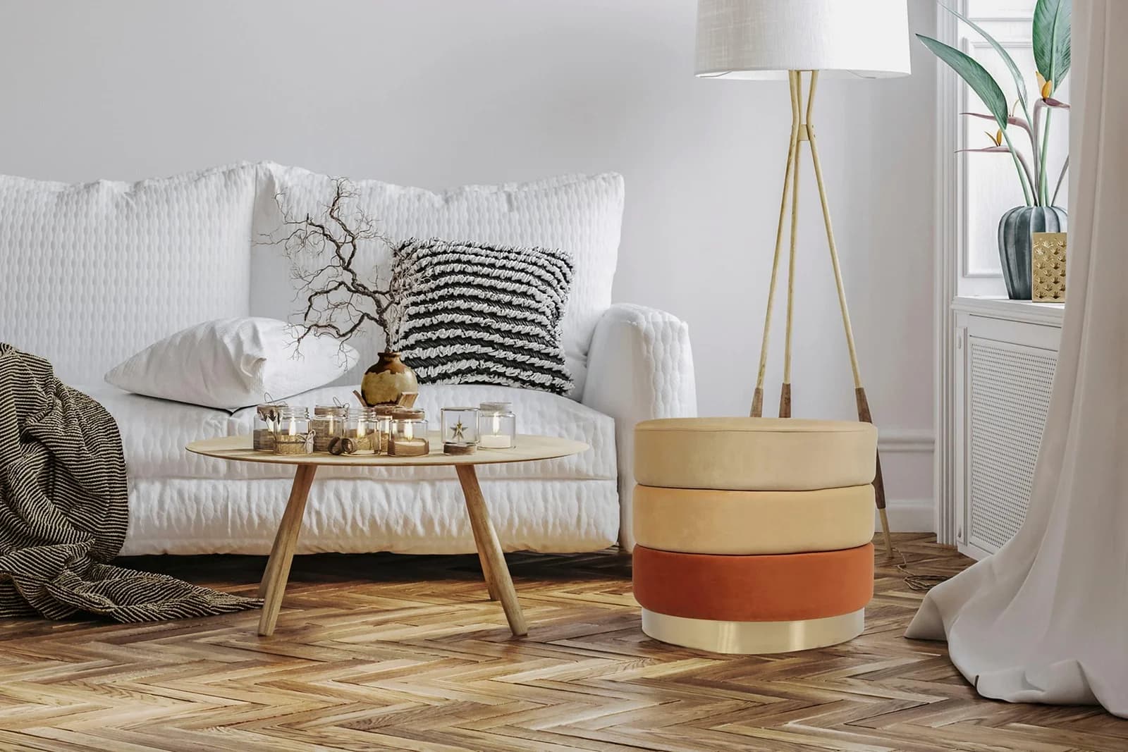 KAYOOM Hocker Elyse Orange Samt mit goldenem Sockel