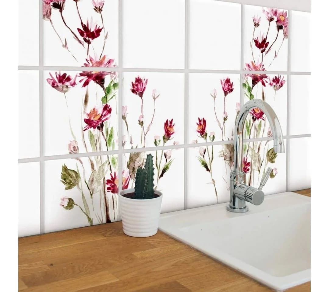 K&L Wall Art Fliesenaufkleber 12er Set Sommer Blumen Rot PVC