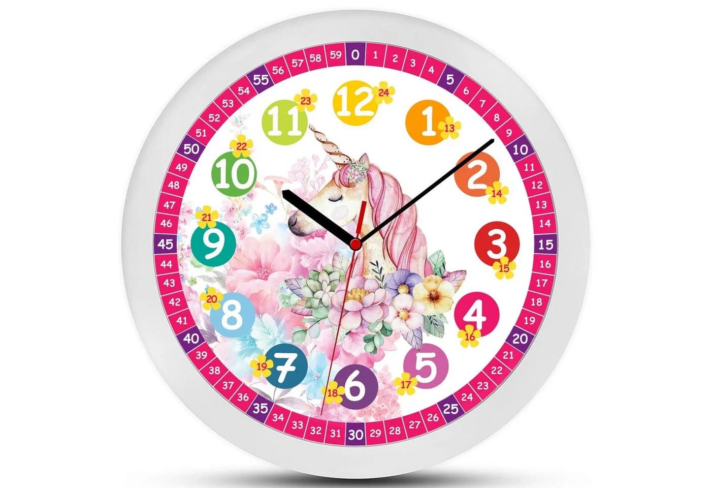 K&L Wall Art Wanduhr Einhorn Prinzessin Rosa Kinder Lernuhr Lautlos