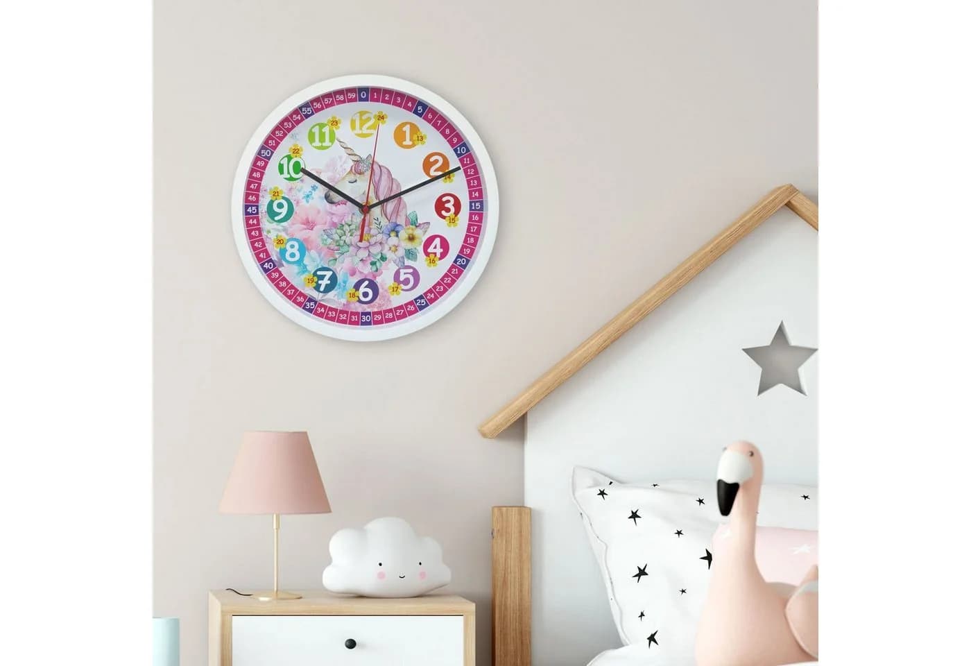 K&L Wall Art Wanduhr Einhorn Prinzessin Rosa Kinder Lernuhr Lautlos - Bild 3