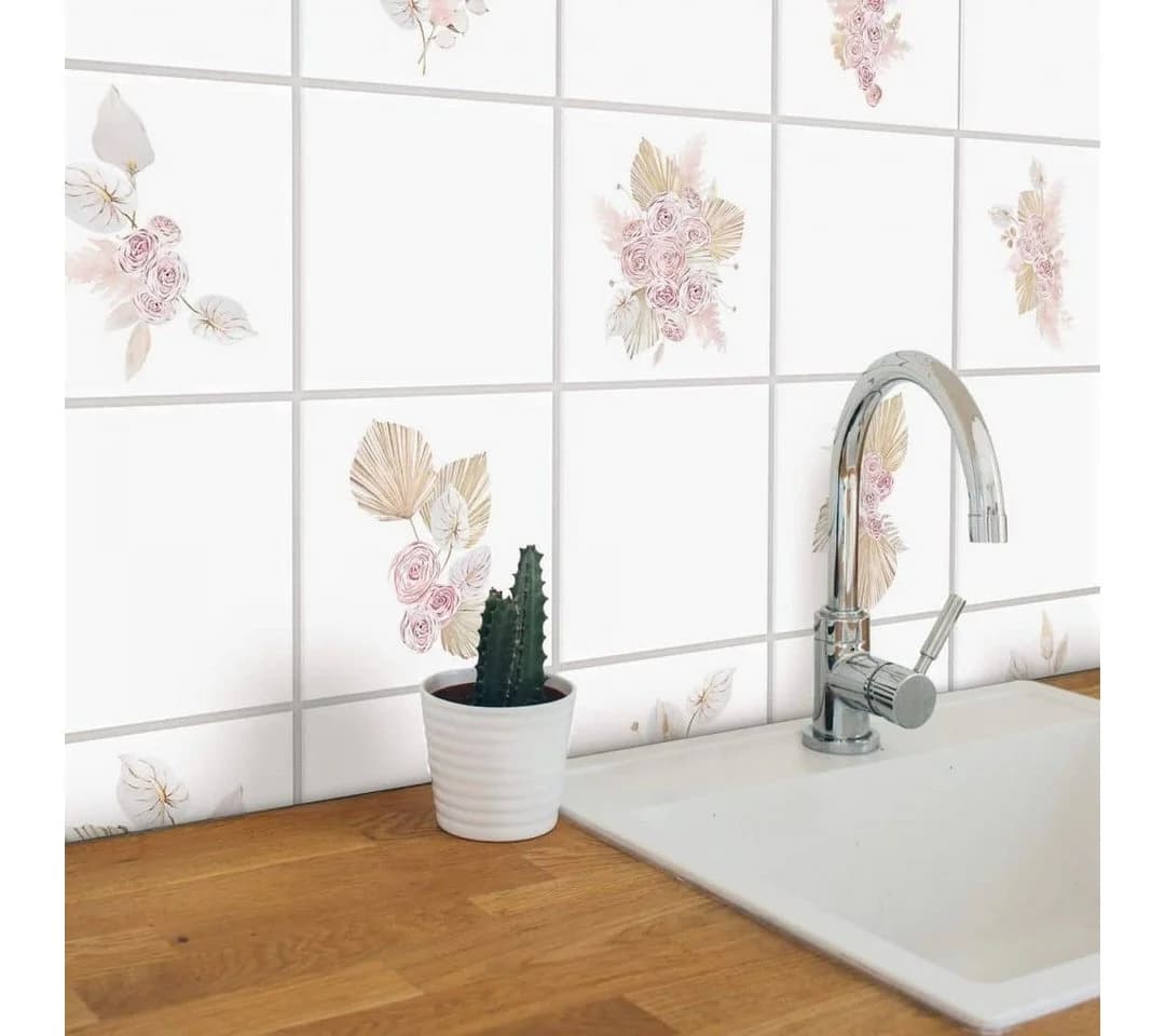 K&L Wall Art Fliesenaufkleber Rosa Blumenstrauß Selbstklebend