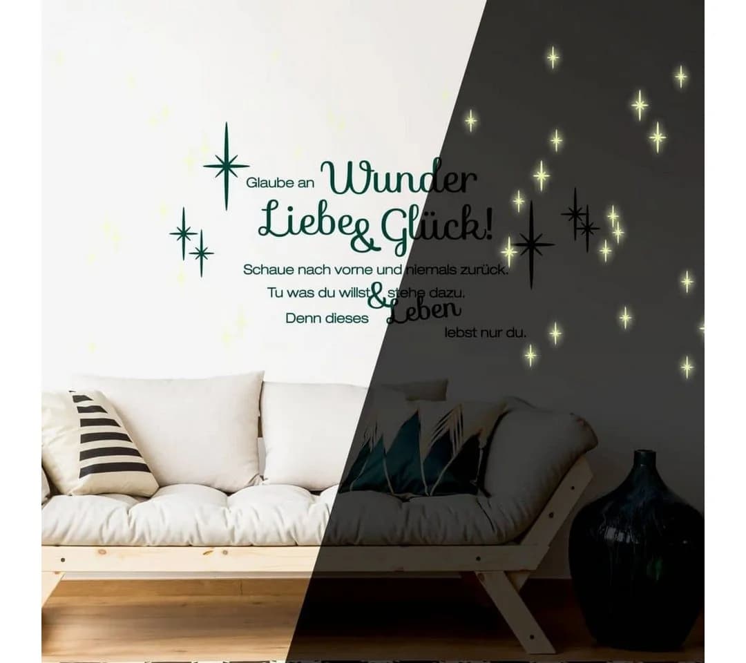 K&L Wall Art Wandtattoo Liebe und Glück Leuchtbild Spruch 60x35cm selbstklebend, Kinderzimmer Leuchtsticker Schwarz