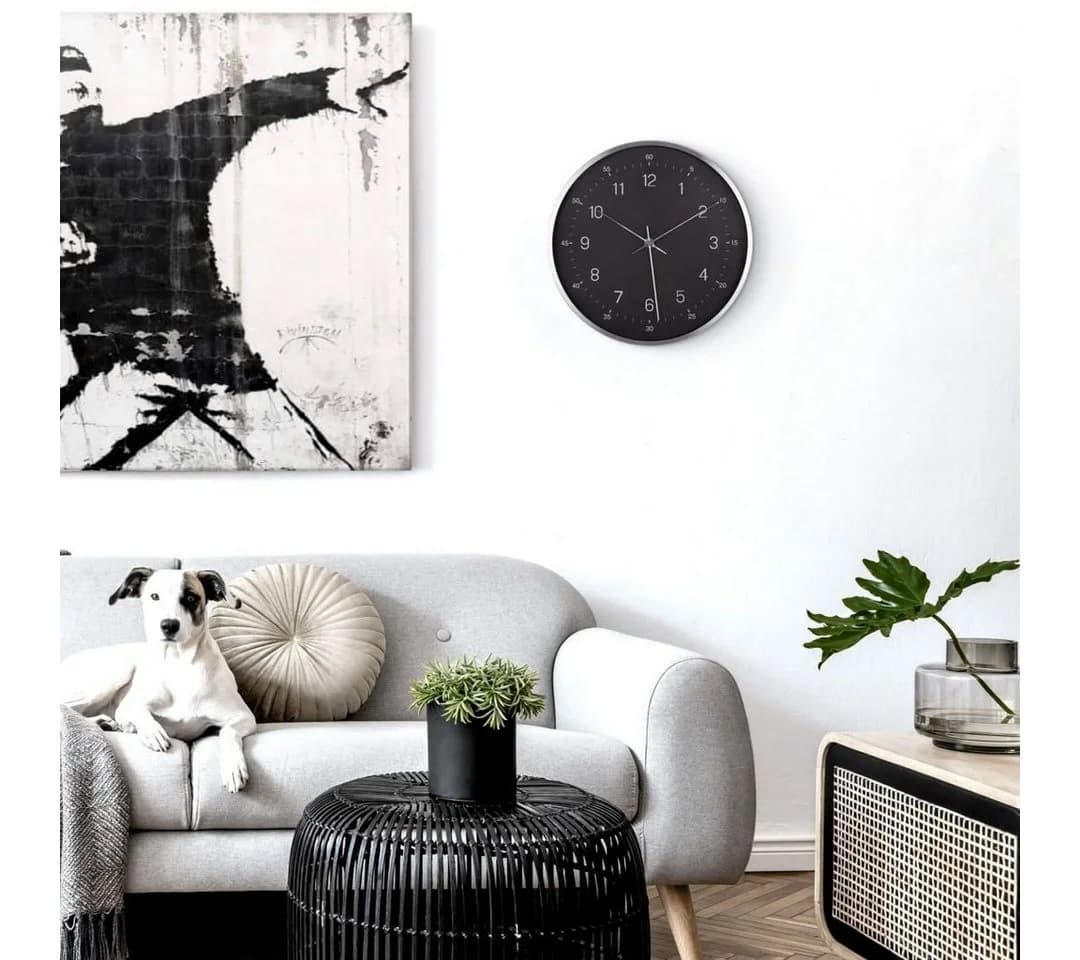 K&L Wall Art Wanduhr Retro Schwarz-Silber Metall Optik