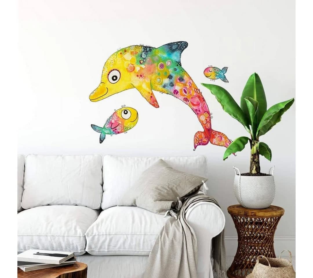 K&L Wall Art Wandtattoo Lebensfreude Delfin Fische Bunt Selbstklebend