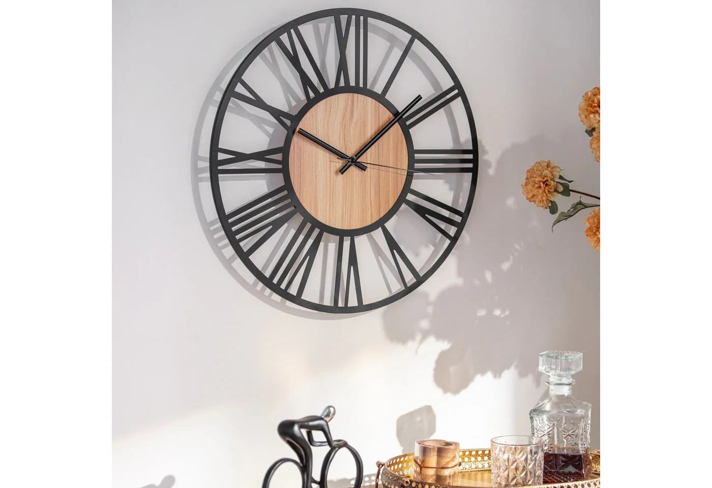 K&L Wall Art Wanduhr Industriell XL Schwarz/Braun Leise