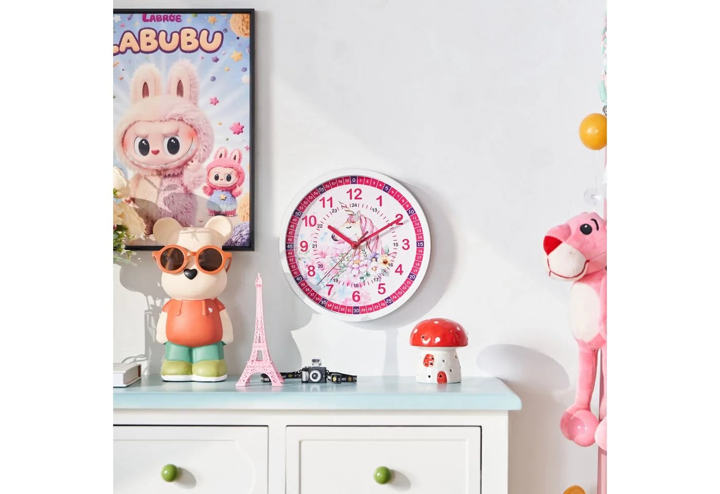 K&L Wall Art Wanduhr Geschenke-Set Mädchen Rosa Einhorn Armbanduhr Lernuhr Mäppchen