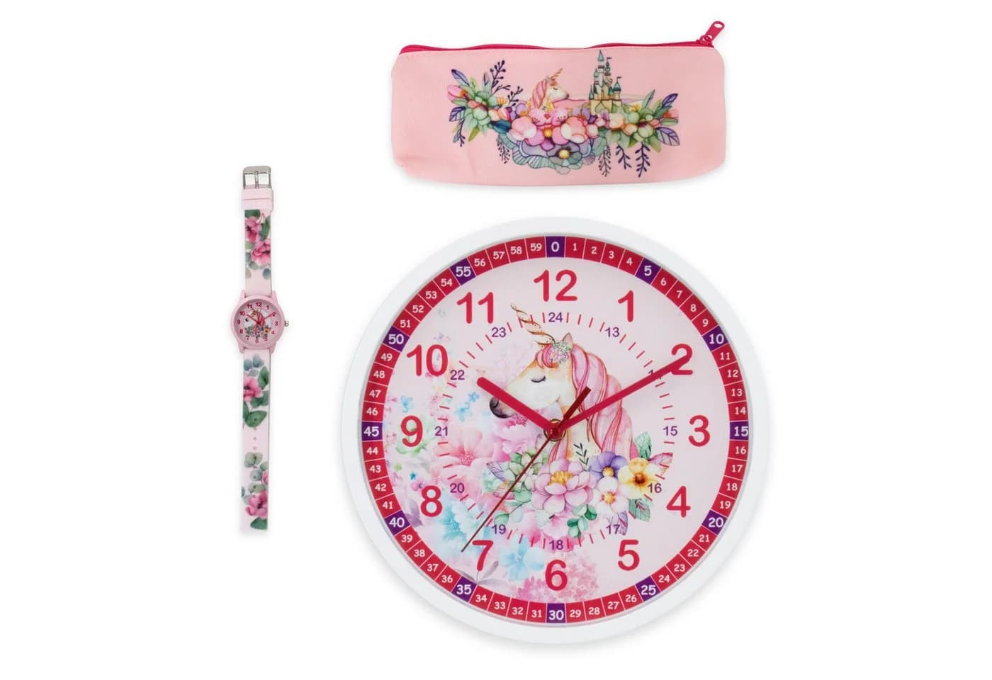 K&L Wall Art Wanduhr Geschenke-Set Mädchen Rosa Einhorn Armbanduhr Lernuhr Mäppchen - Bild 2