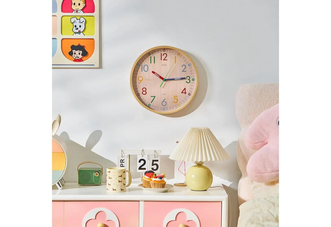 K&L Wall Art Kinderwanduhr Bunt Lautlos Holzoptik
