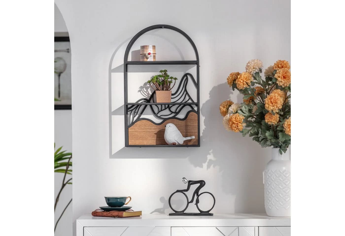 K&L Wall Art Deko-Wandregal Holz Metall Vintage Gebirge Braun/Schwarz